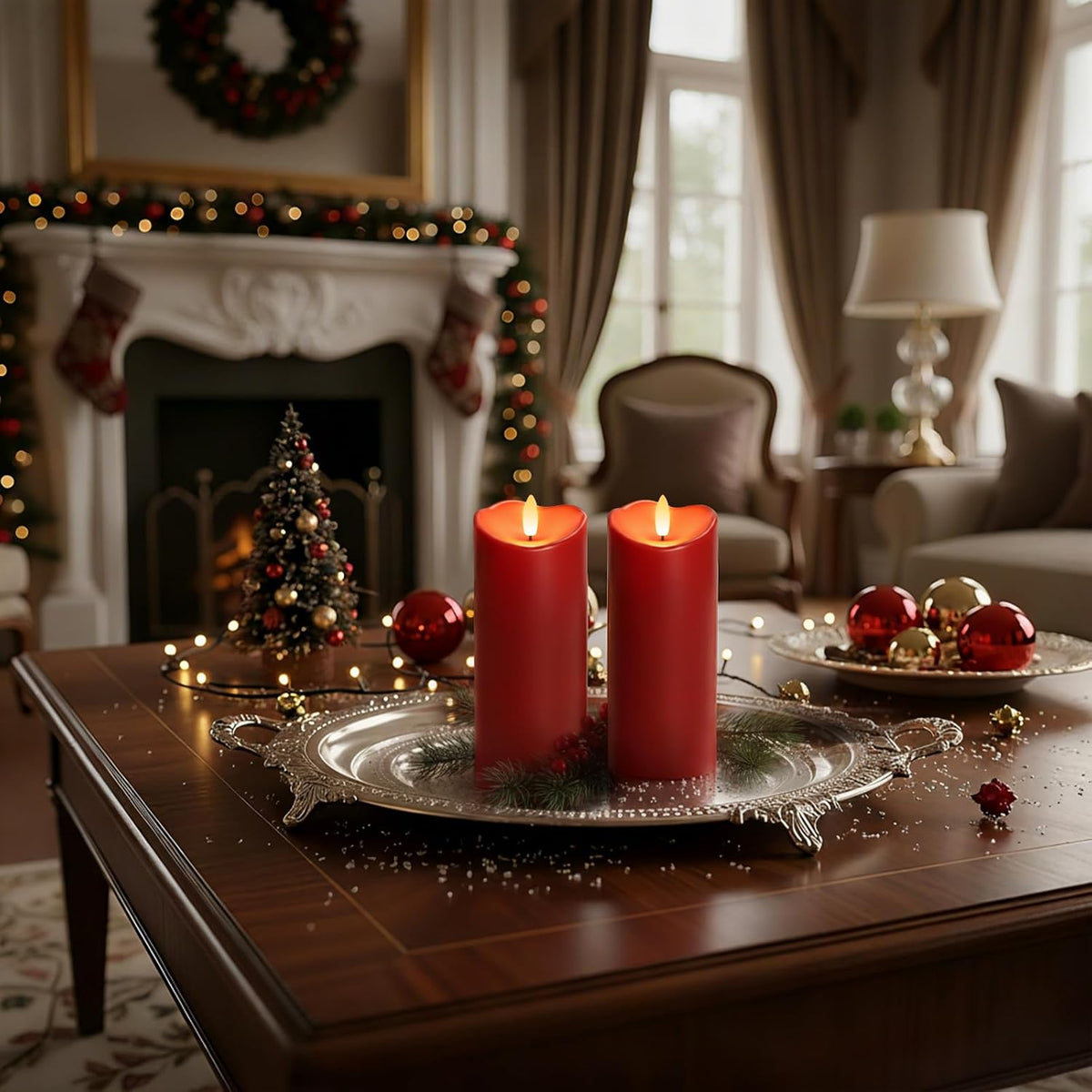 Homemory Burgundy Flameless Candles, Waterproof Flickering Candles, Outdoor Battery Operated LED Pillar Candles with