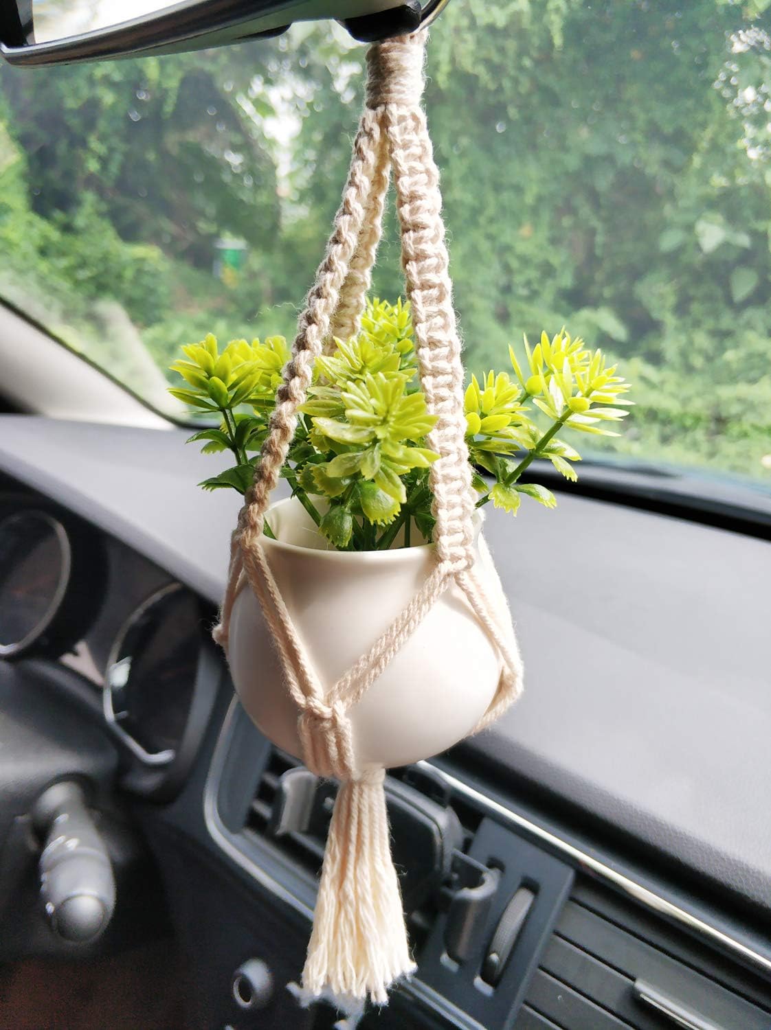 Mini Macrame Plant Car Accessories Rear View Mirrior Charm Hanging Rearview Car Decor Boho Small