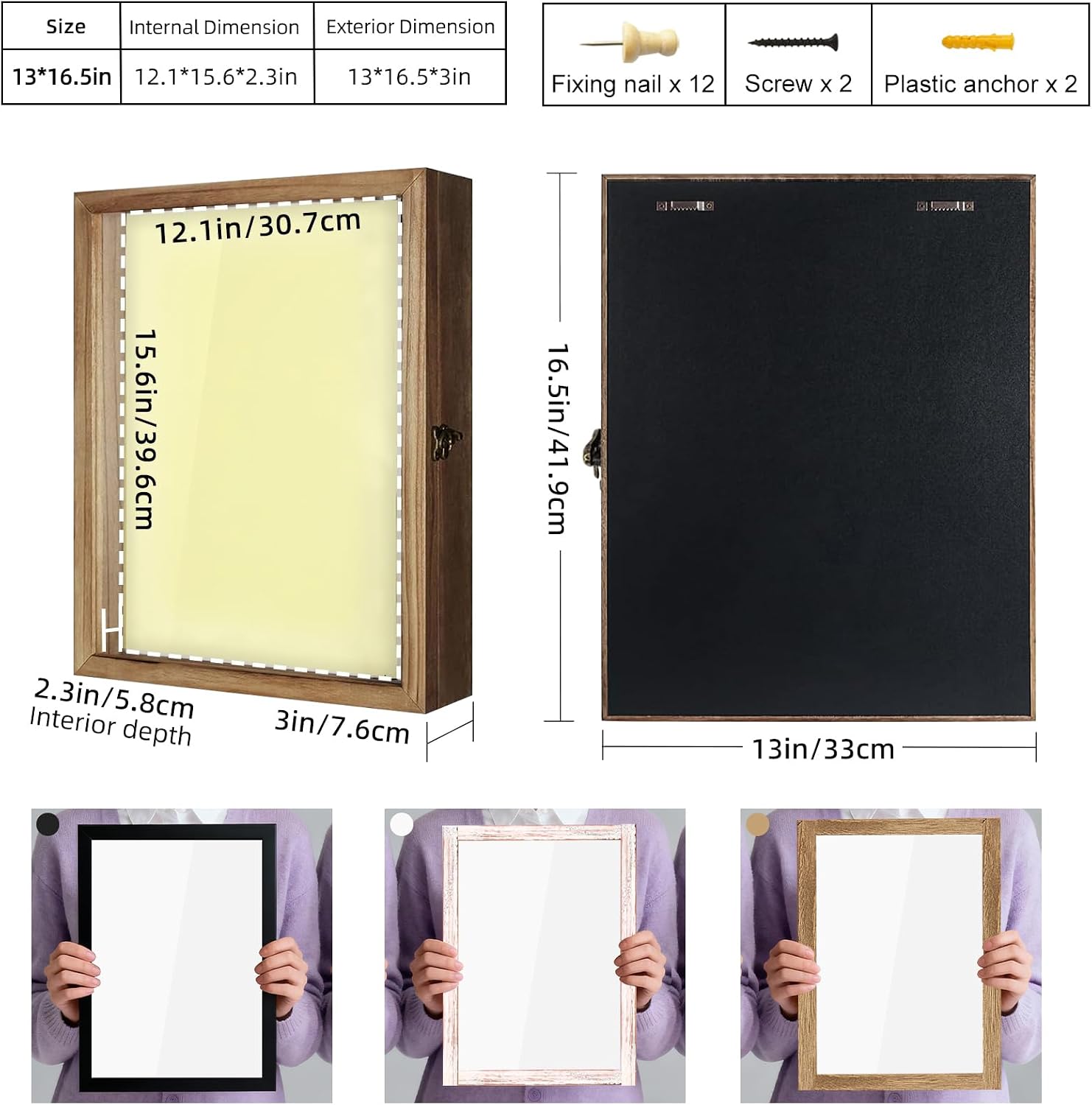 TJ.MOREE Large Shadow Box 13x16 Display Case Wood Picture Frame Carbonized | Fits 12x15.6 Inserts with Linen Back