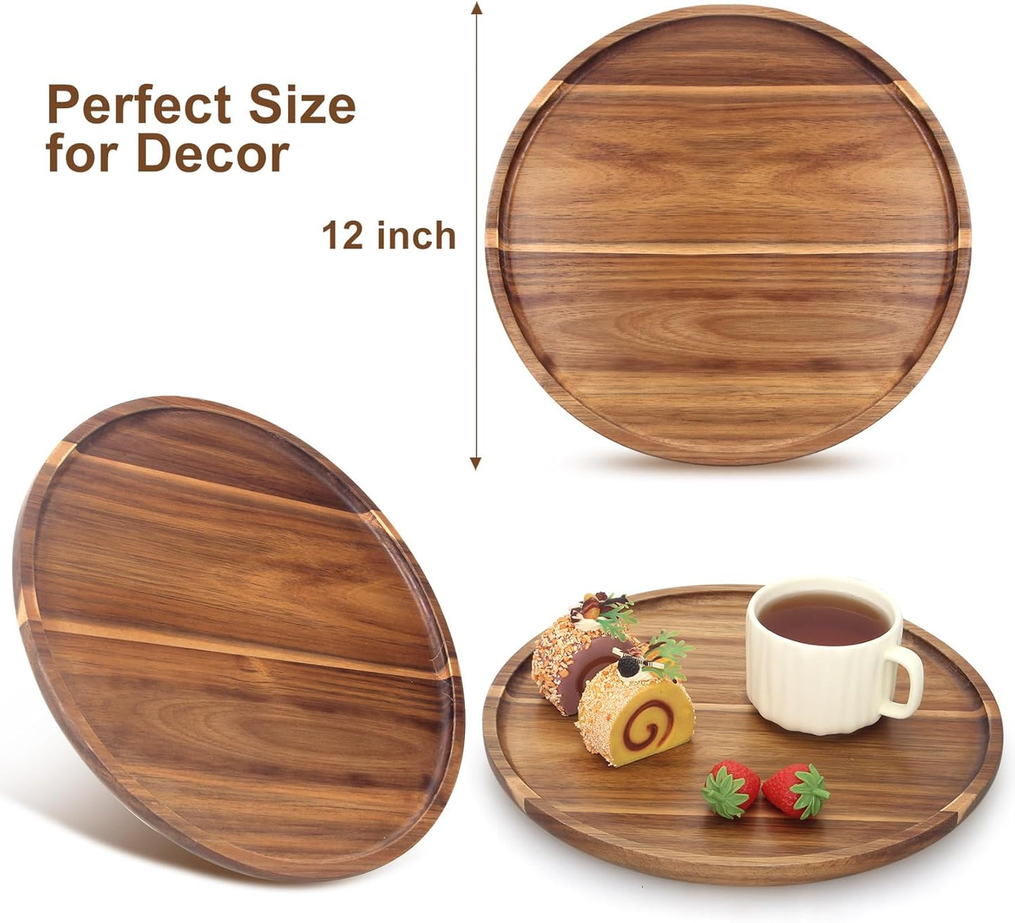 Acacia Round Wood Tray Decorative Serving Trays for Ottoman Coffee Table / Acacia Wood / Set of 12