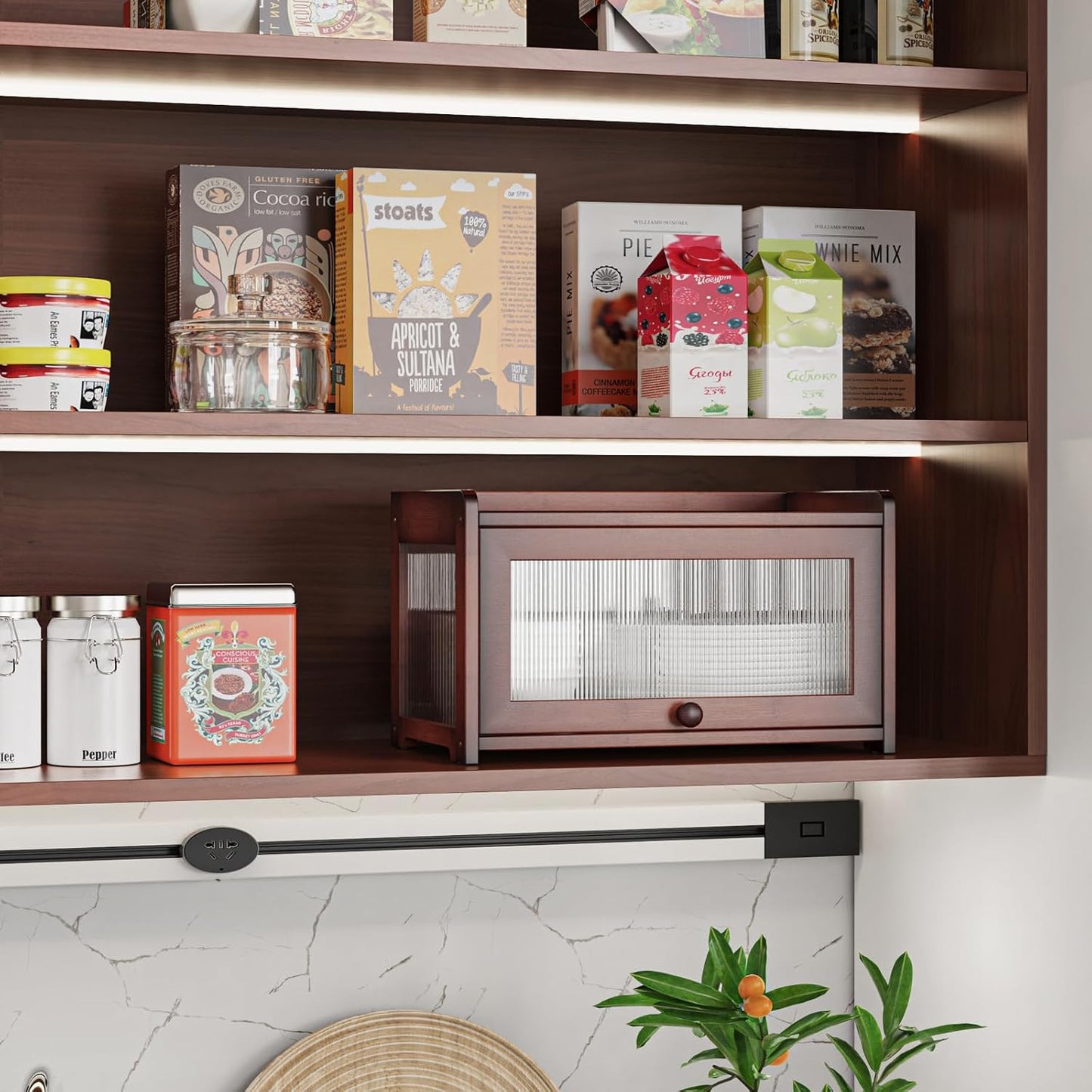 BAMBANG Bamboo Bread Box for Kitchen Countertop, Extra Large Farmhouse Bread Box with 4-Side Clear Panels, Wooden Bread