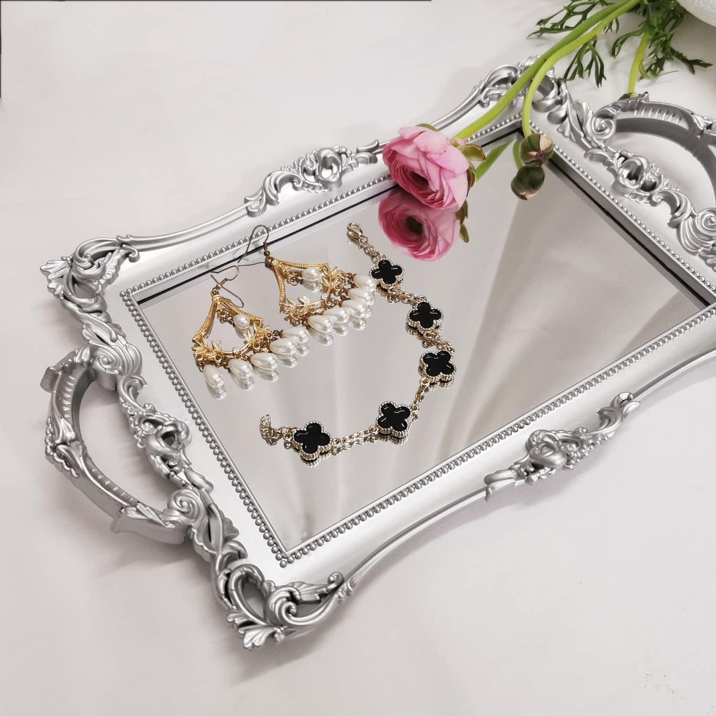 Serving Tray / Makeup Organizer / Silver / 13 x 7.8