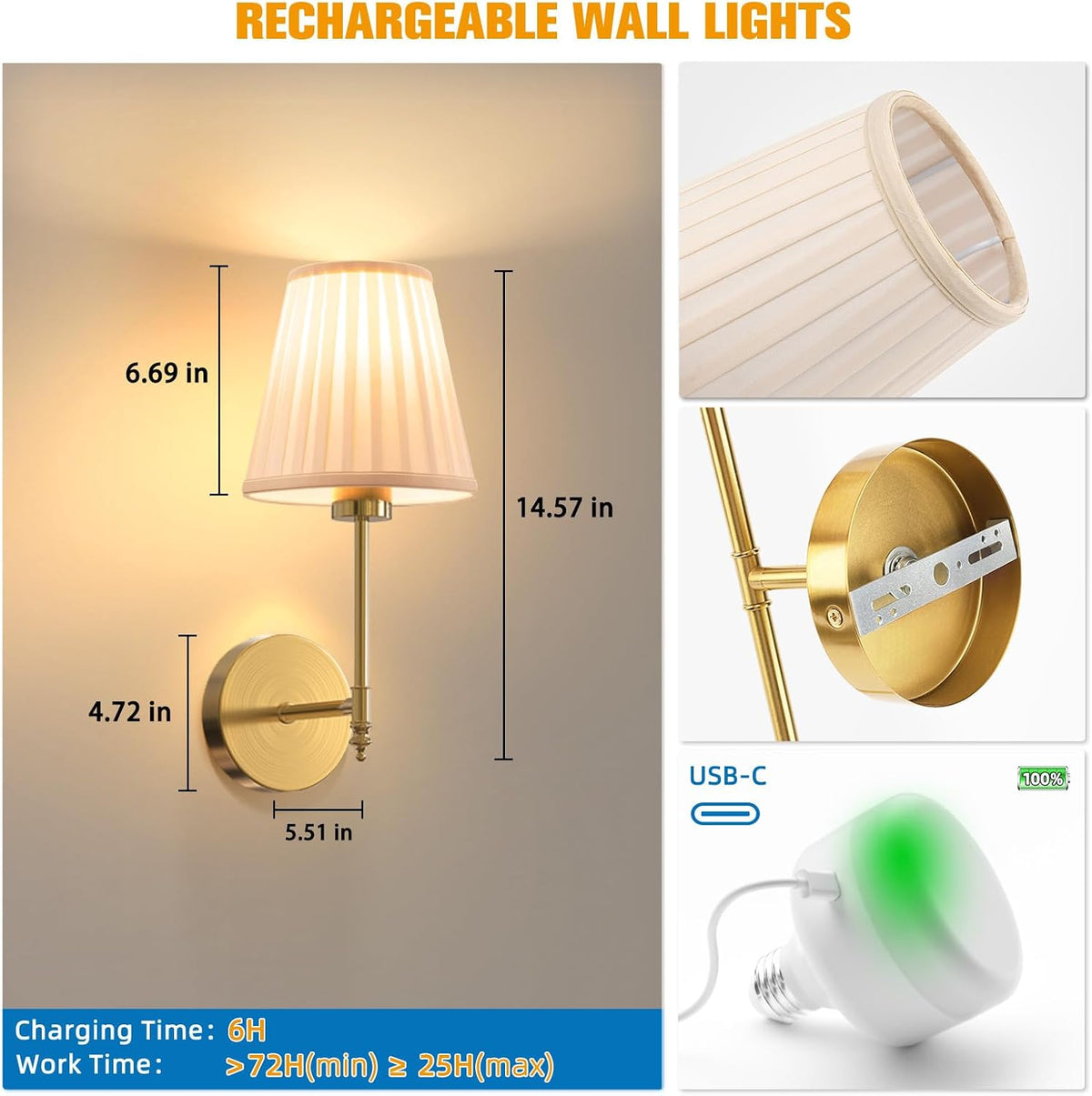 14.5 inch Battery Operated Wall Sconce Set of 2,Beige Gold Rechargeable Wall Lights with 10400mAh Dimmable Bulbs and