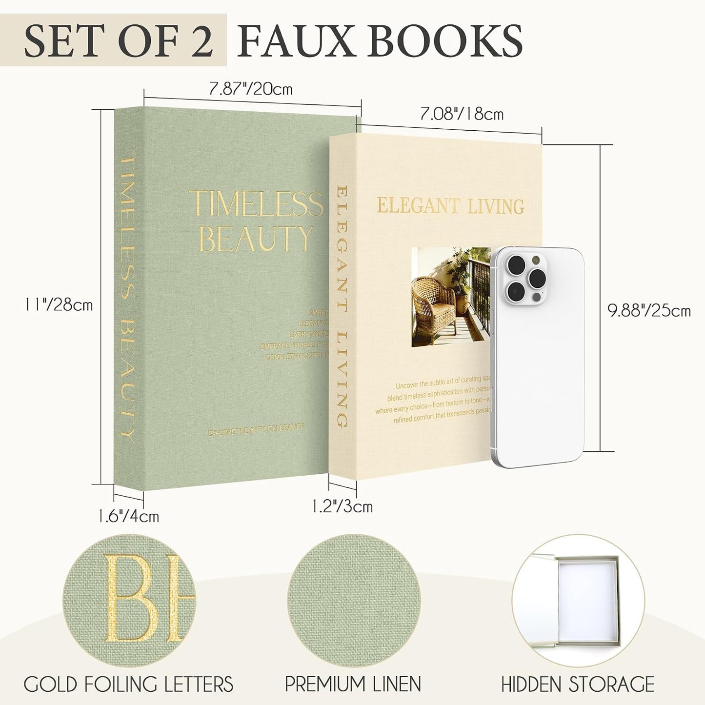 Modern Linen Faux Book Boxes / Sage-beige / Set of 2