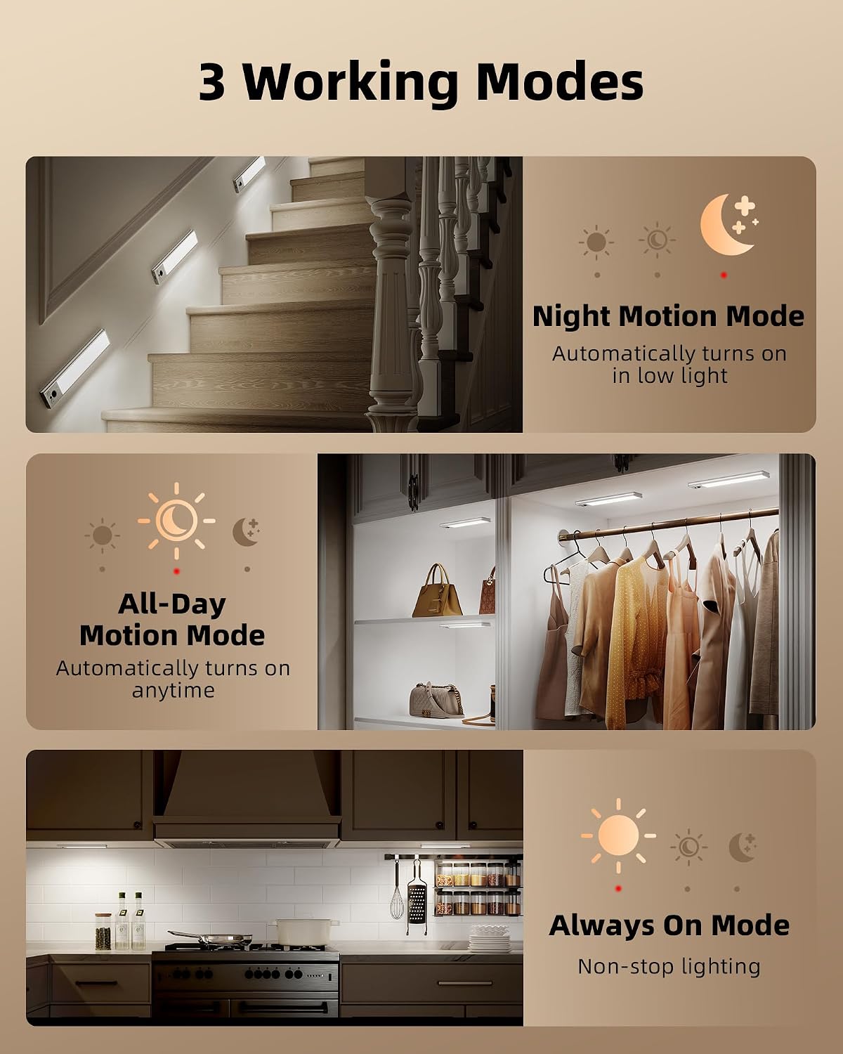 EZVALO 3-Pack 10inch Under Cabinet Lighting with Remote, 2400mAh Rechargeable Motion Sensor Lights, Magnetic Dimmable