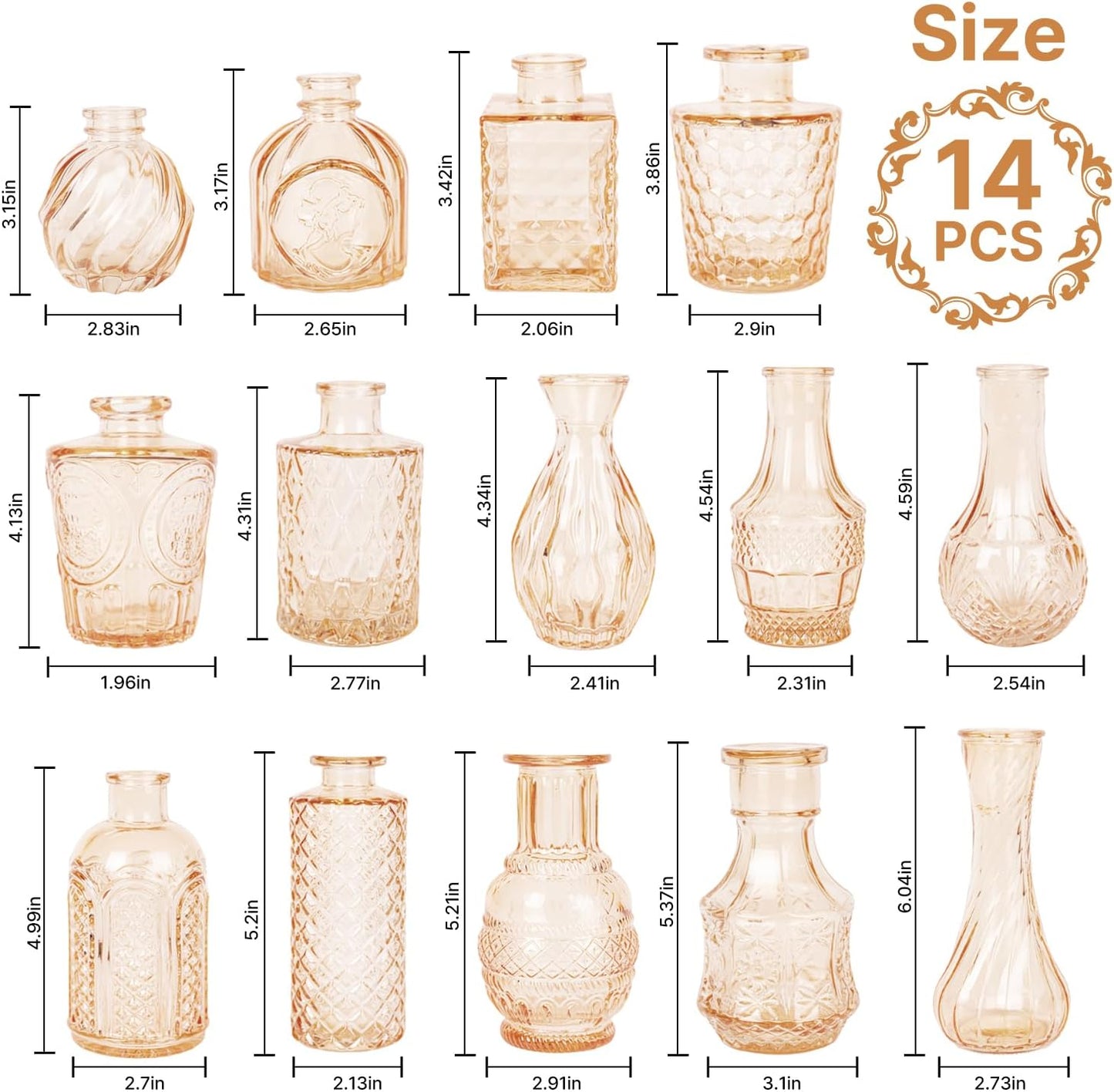 Clear Glass Bud Vase Pcs / Amber Gold / Set of 14
