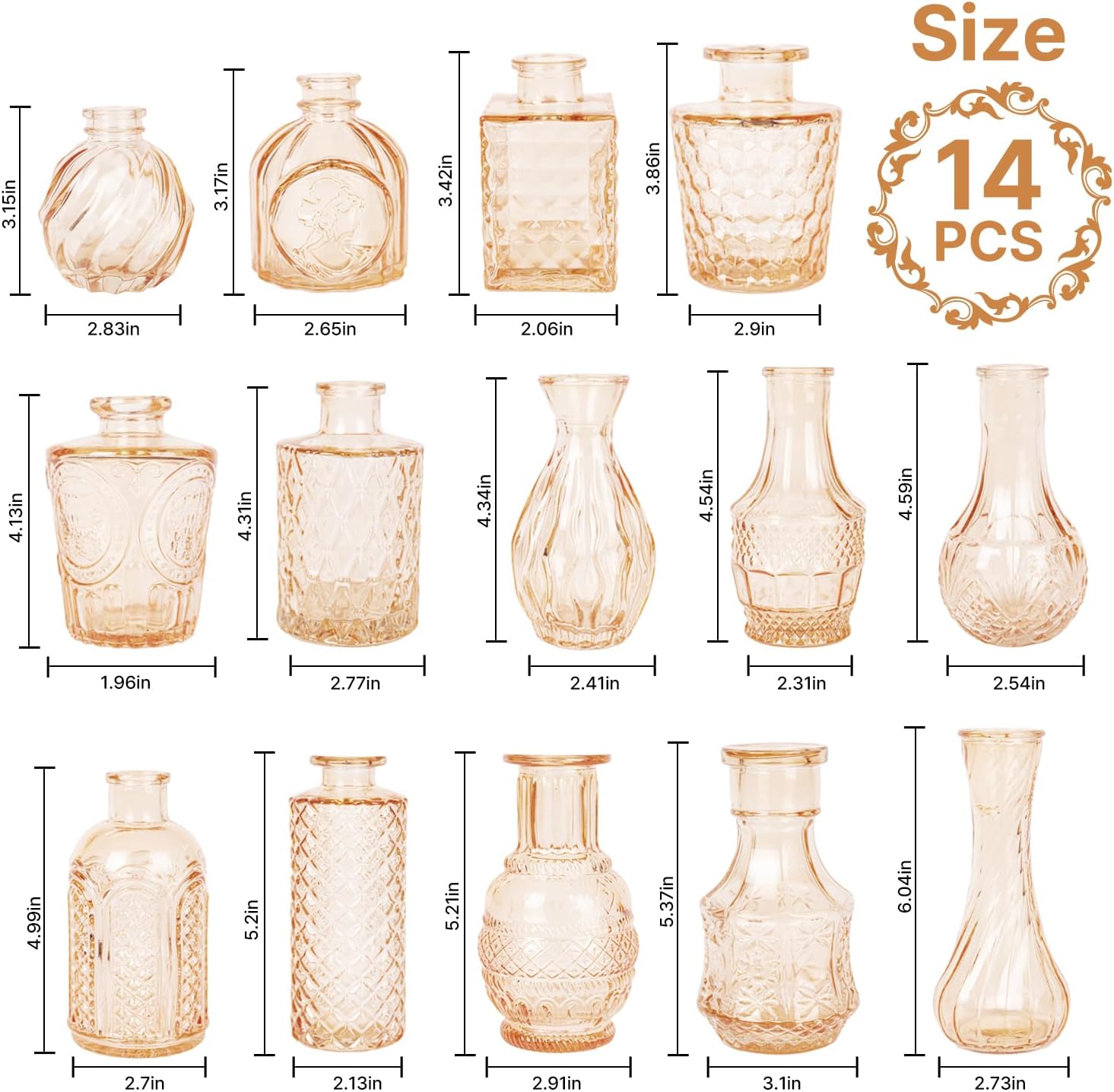 Clear Glass Bud Vase Pcs / Amber Gold / Set of 14