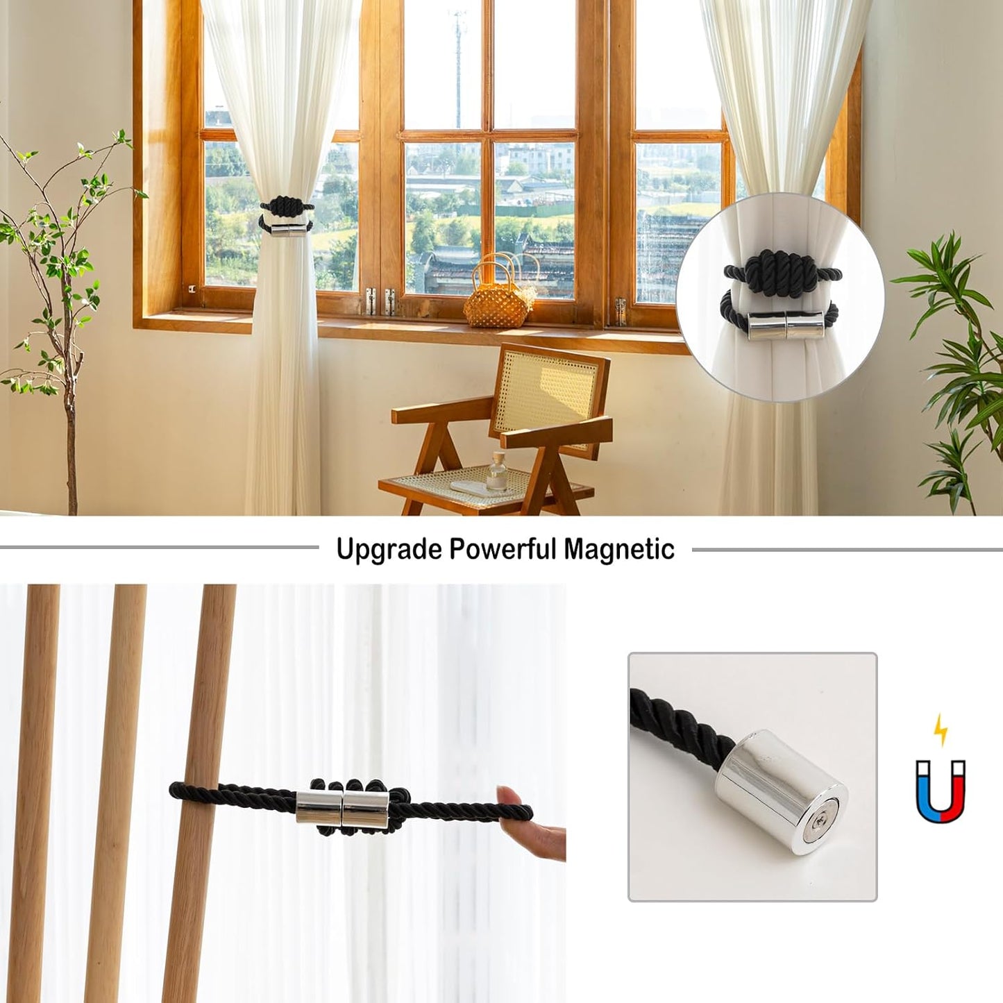 Curtain Tiebacks Magnetic Decorative Rope Tie Backs Holdbacks Contoeey | 8 Pack Black Modern Elegant Window Treatment