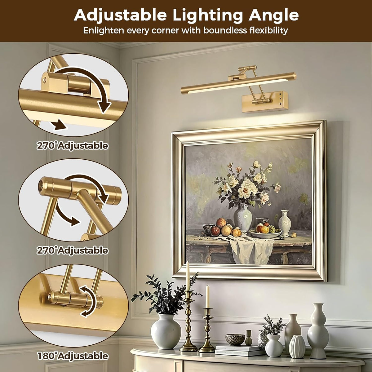 Picture Lights for Wall Battery Operated Art Light Wireless Brass 15.75Inch | Rechargeable Gallery Light with Remote