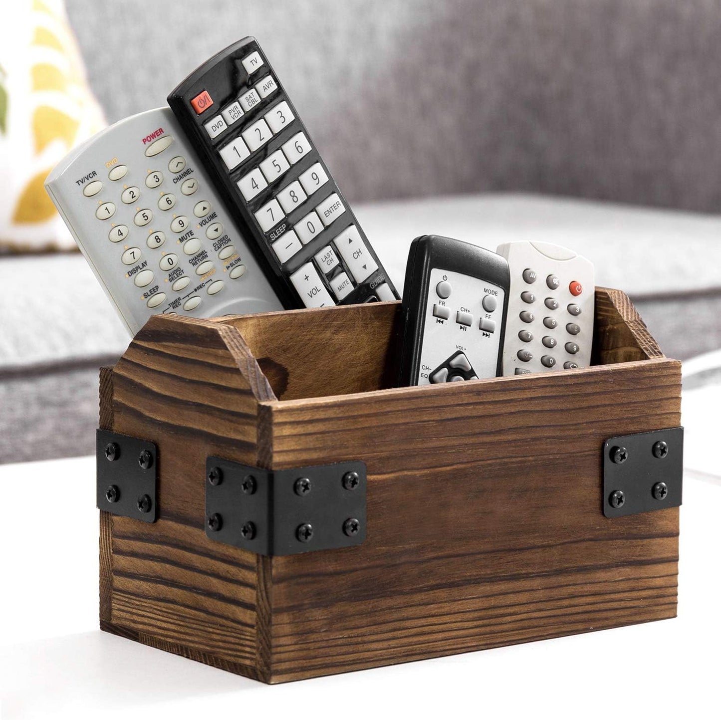 Wood TV Remote Control Holder / Burnt Wood / Black