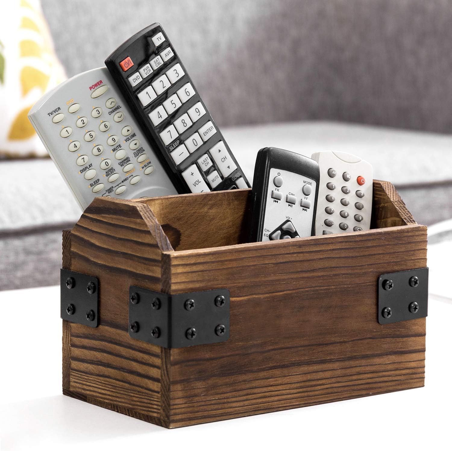 Wood TV Remote Control Holder / Burnt Wood / Black