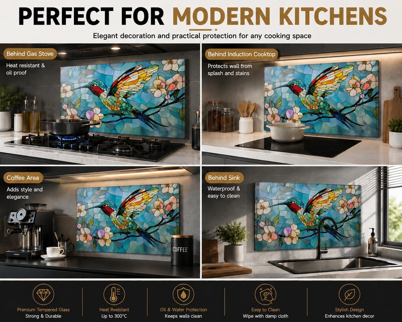 Tempered Glass Backsplash / 30"L x 18"W