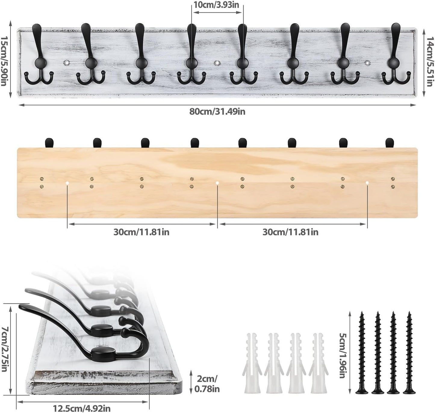 Coat Rack Wall Mount, Wooden Heavy Duty Coat Rack for Wall,8 Triple Coat Hanger Hooks for Hanging
