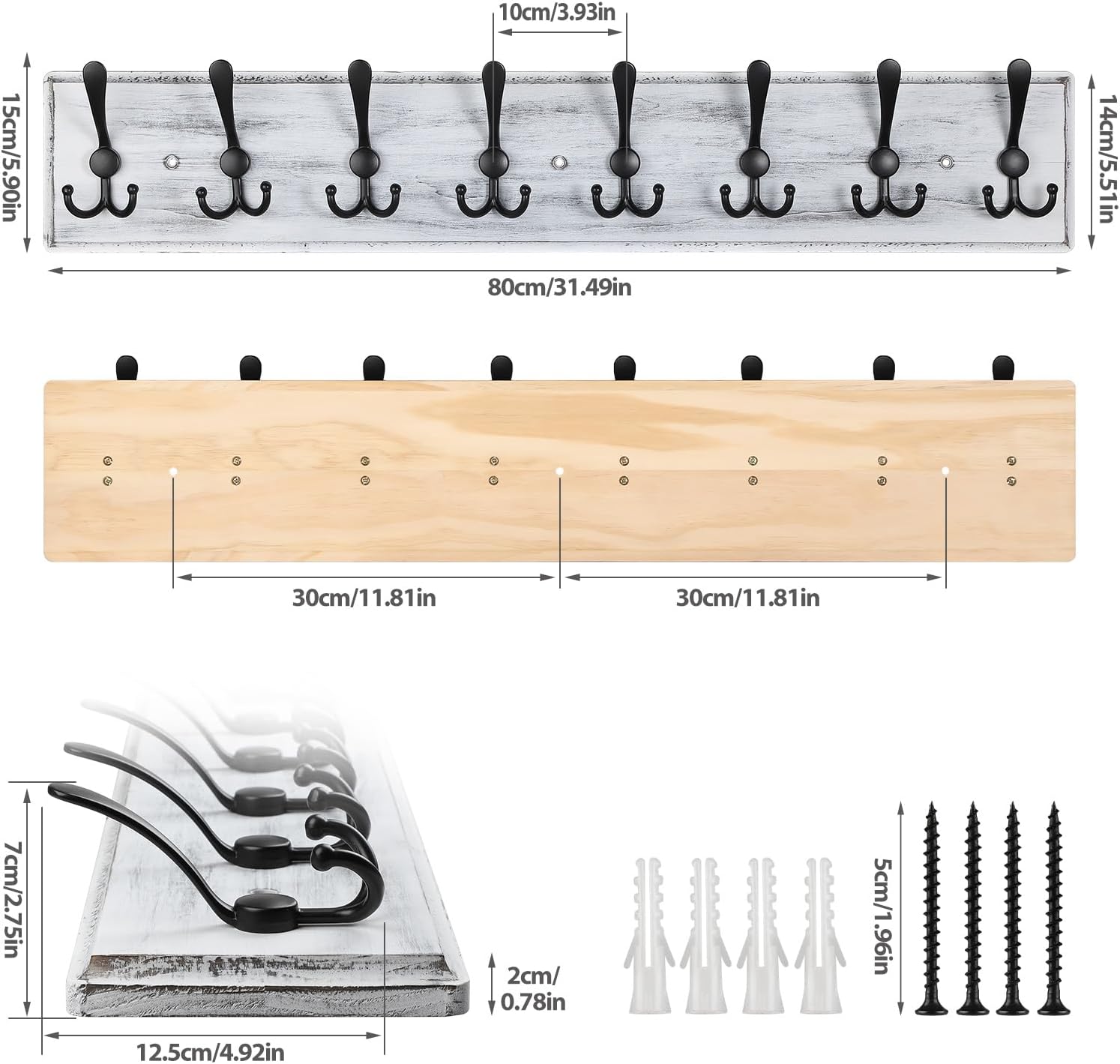 Coat Rack Wall Mount, Wooden Heavy Duty Coat Rack for Wall,8 Triple Coat Hanger Hooks for Hanging