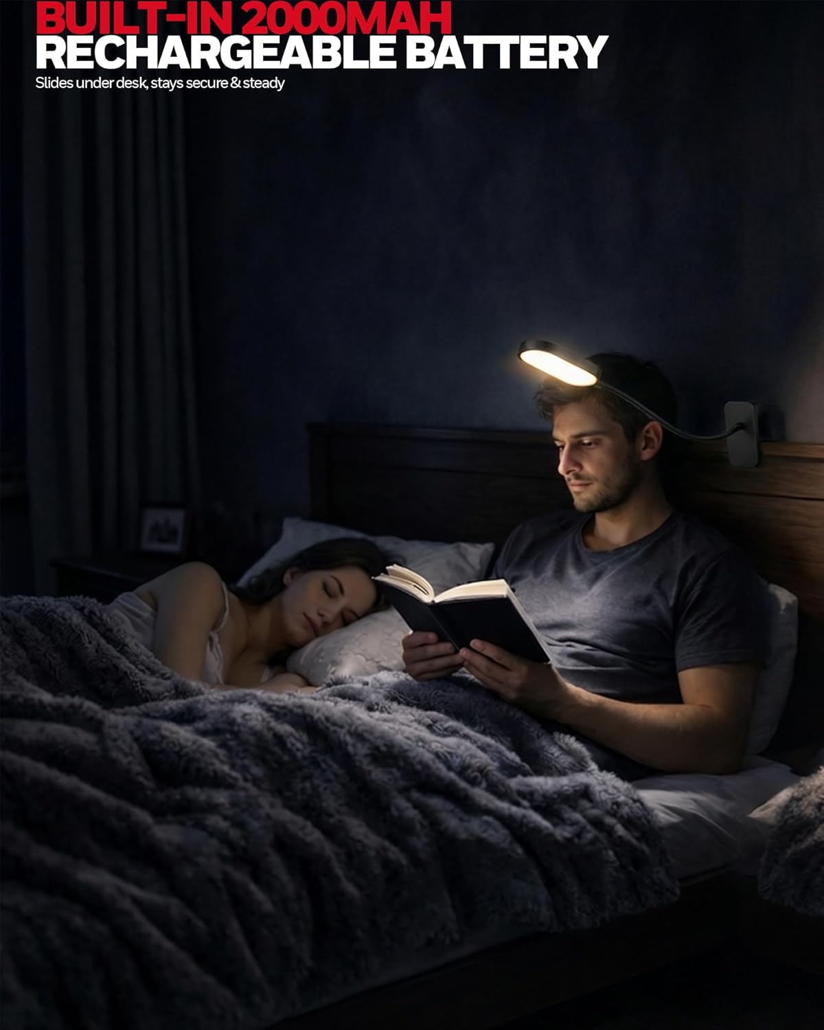 Honeywell Clip On Reading Light, Rechargeable Gooseneck CRI95 4000K Dimming | 2000mAh Battery,Touch Desk Lamp White
