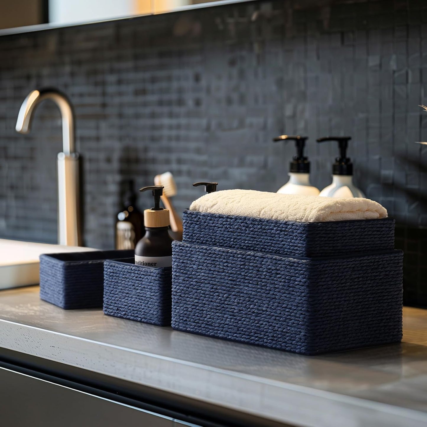 Stackable Wicker Baskets / Navy Blue / Set of 4
