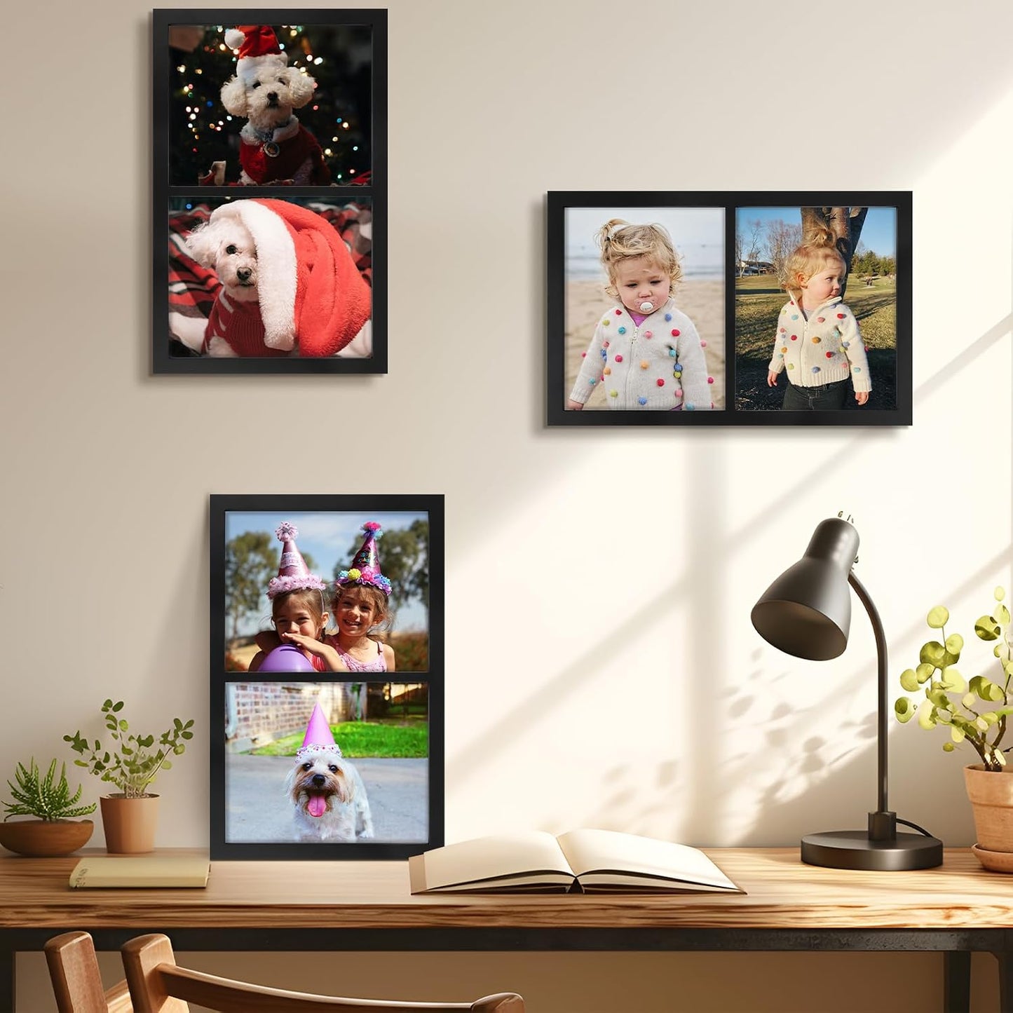Golden State Art, 8x10 Double Picture Frame, Display Two 8x10 Photos(Black) | Solid Wood- Real Glass for Wall Mounting