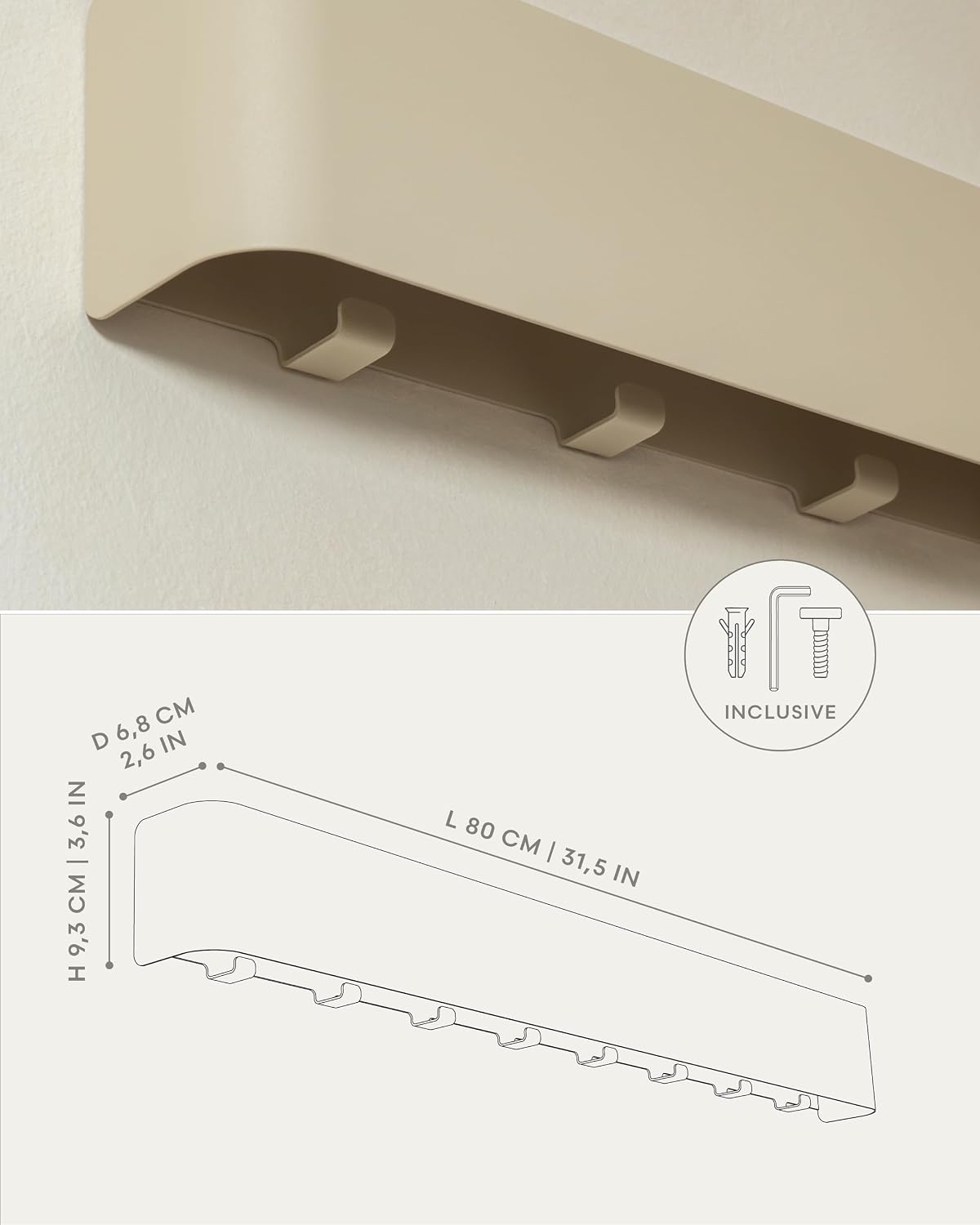 Kazai. Coat Rack Wall Mount with Shelf 'Tone' | Modern Design Coat Hanger with Hidden Hooks and Storage | Hat Rack with