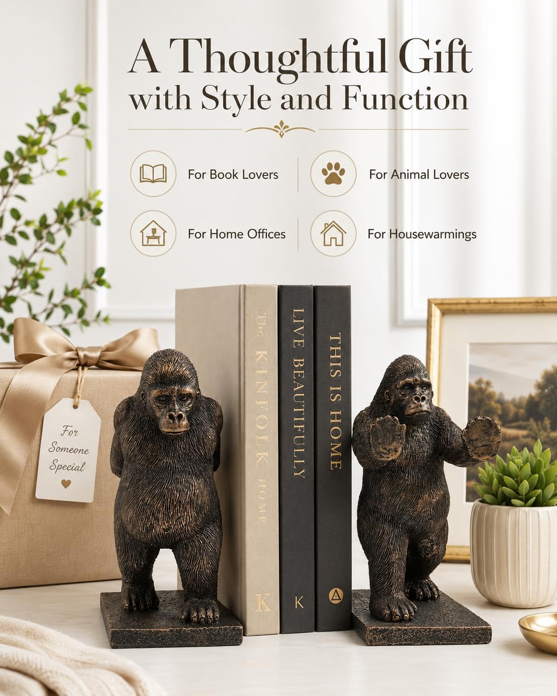 Resin Bookends / Realistic Heavy Animal Sculpture Decorative Book Ends / Gorilla / Bronze / Set of 2