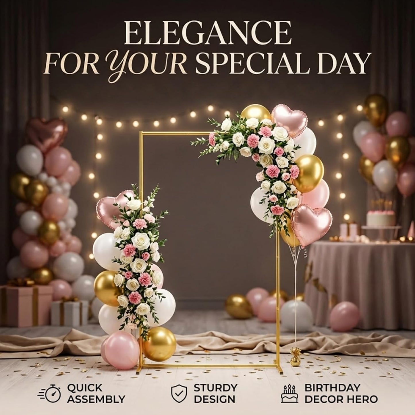 Metal Wedding Arch Backdrop Stand FT Square Balloon Arch Frame / 6.6FT X3ft / Gold / 6.6 x 3.3