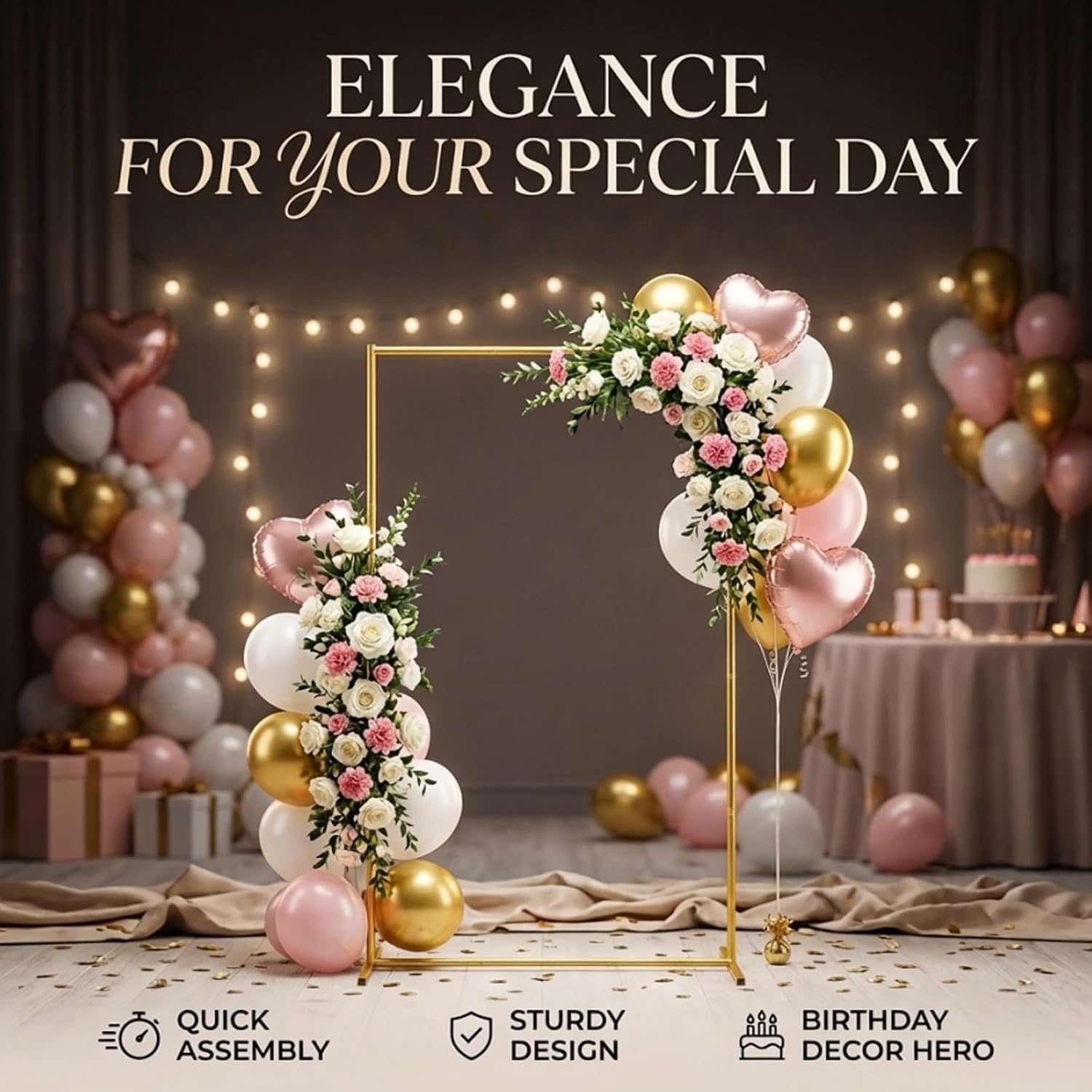 Metal Wedding Arch Backdrop Stand FT Square Balloon Arch Frame / 6.6FT X3ft / Gold / 6.6 x 3.3
