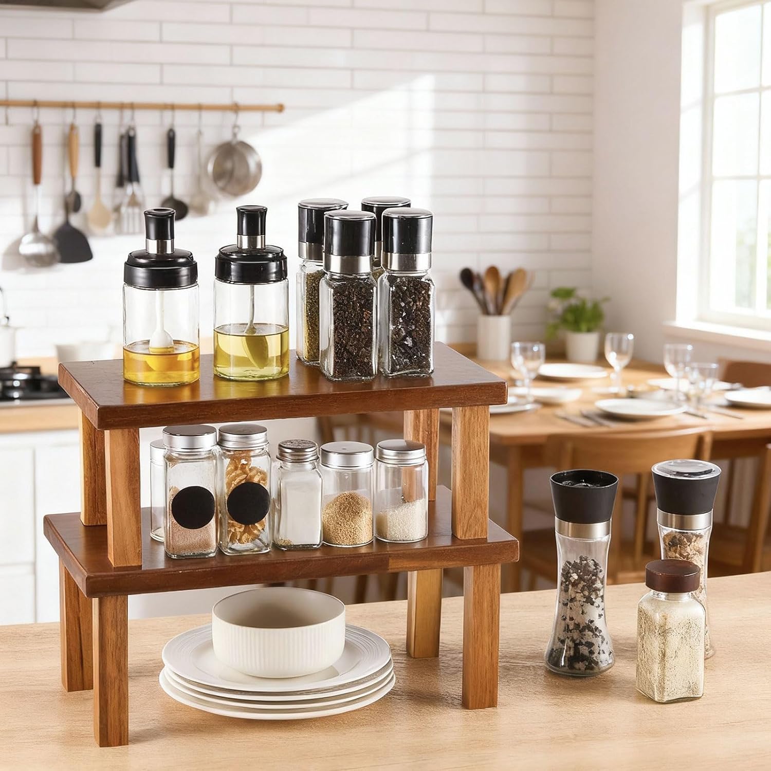 Extra Large Acacia Wooden Riser Wooden Countertop Organizer Display Shelf / 15 x 7.5 x 6 / Set of 2