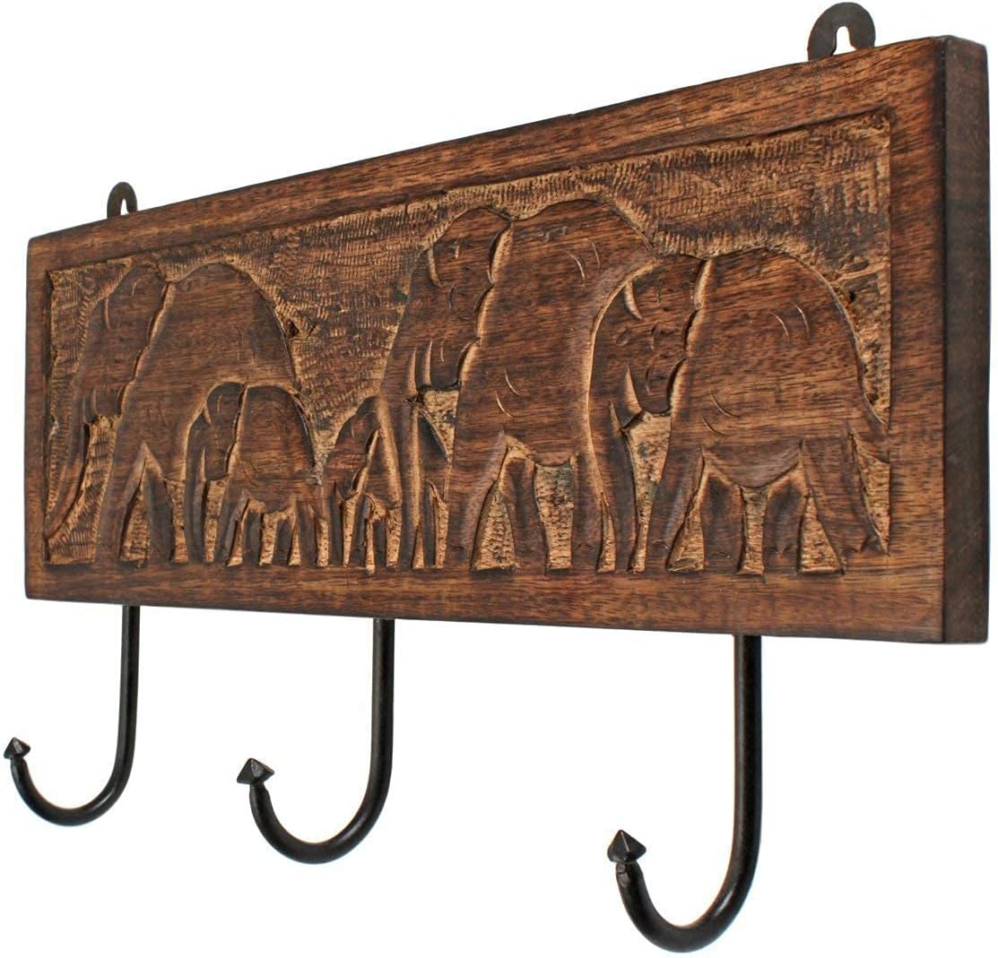 Wooden Cloth Hook Coat Rack Wall Mount 3 Hooks / Elephant
