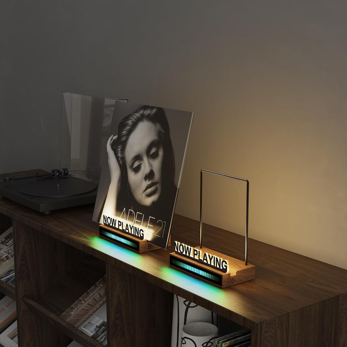 Now Playing Vinyl Record Stand, Light Up Vinyl Record Display Stand with RGB Sound Control Pickup Rhythm Lights Bar