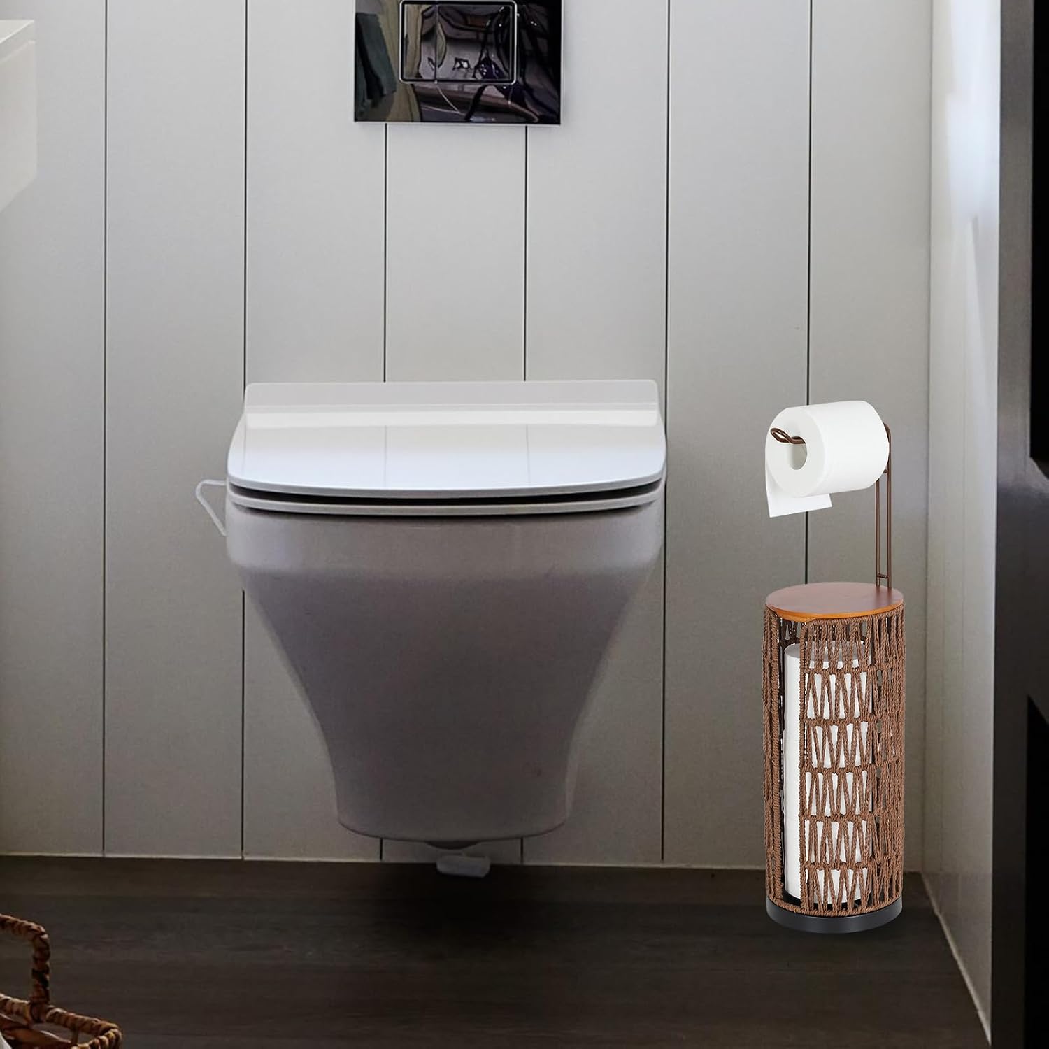 Freestanding Toilet Paper Holder with Storage,3 Rolls of Rattan Tissue Holder for Bathroom,Woven Toilet Paper Roll