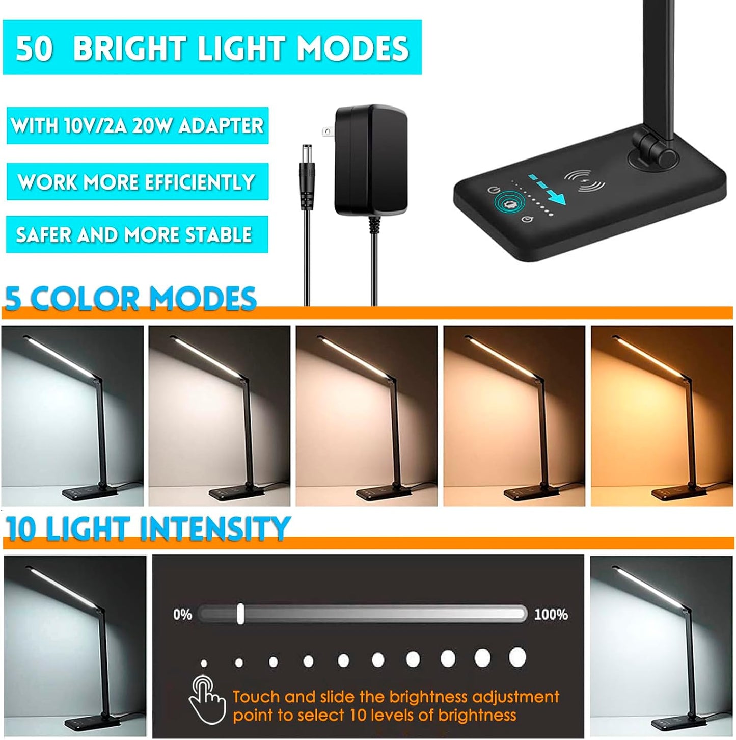 LED Desk Lamp with Wireless Charger, USB Charging Port, 10 Brightness, 5 Color Modes, Desk Lamps for Home Office