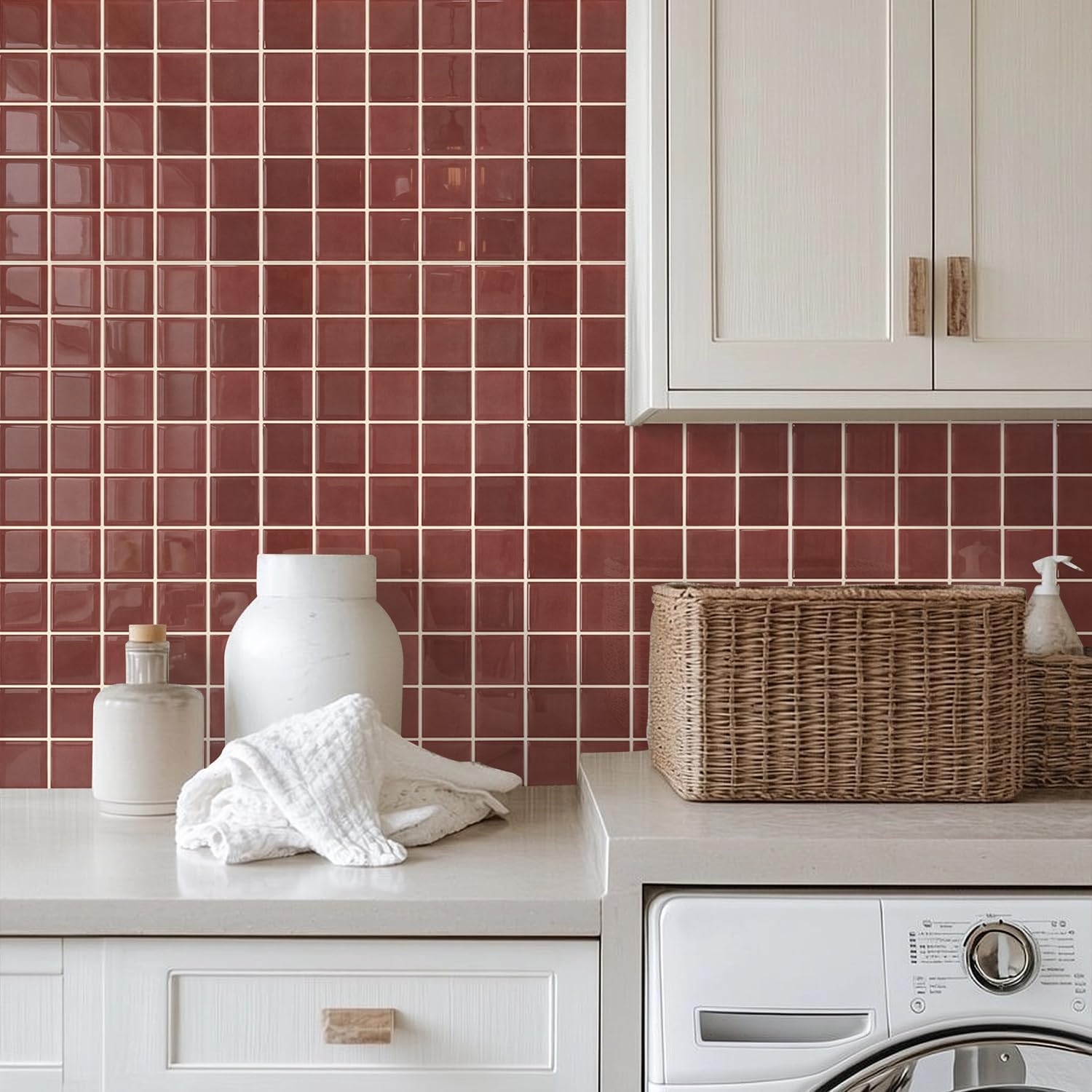 Thicker Dark Peel and Stick Backsplash Tiles- of "-3D Adhesive / ST-SM-A / Red / 12 x 12 / Set of 10