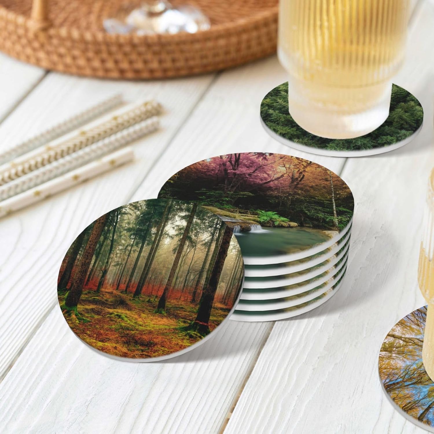 Absorbent Ceramic Coasters for Drinks / Forest Secrets / Set of 6