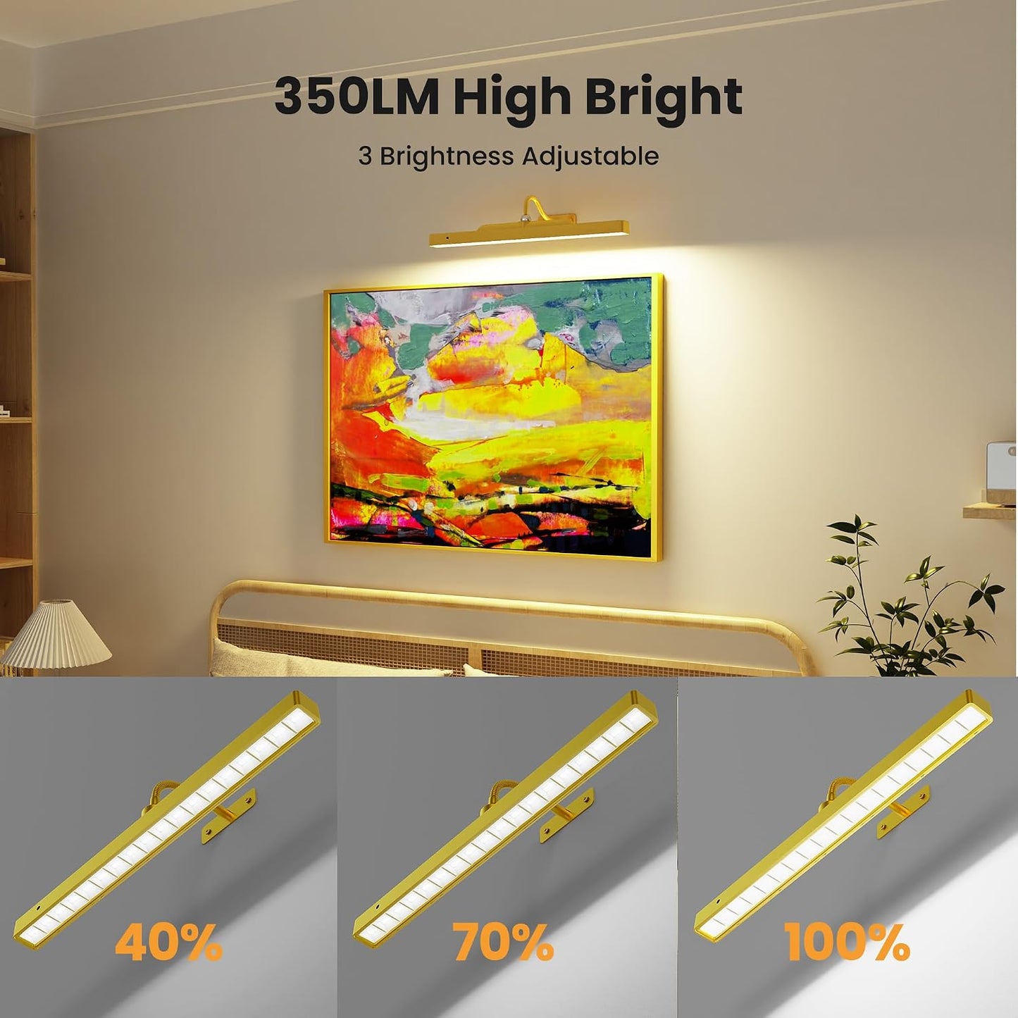 Picture Light Gold 2Pack, 5000mAh Battery Opertated Cordless Picture Lights for Wall, 16in CCT Dimmable with Touch