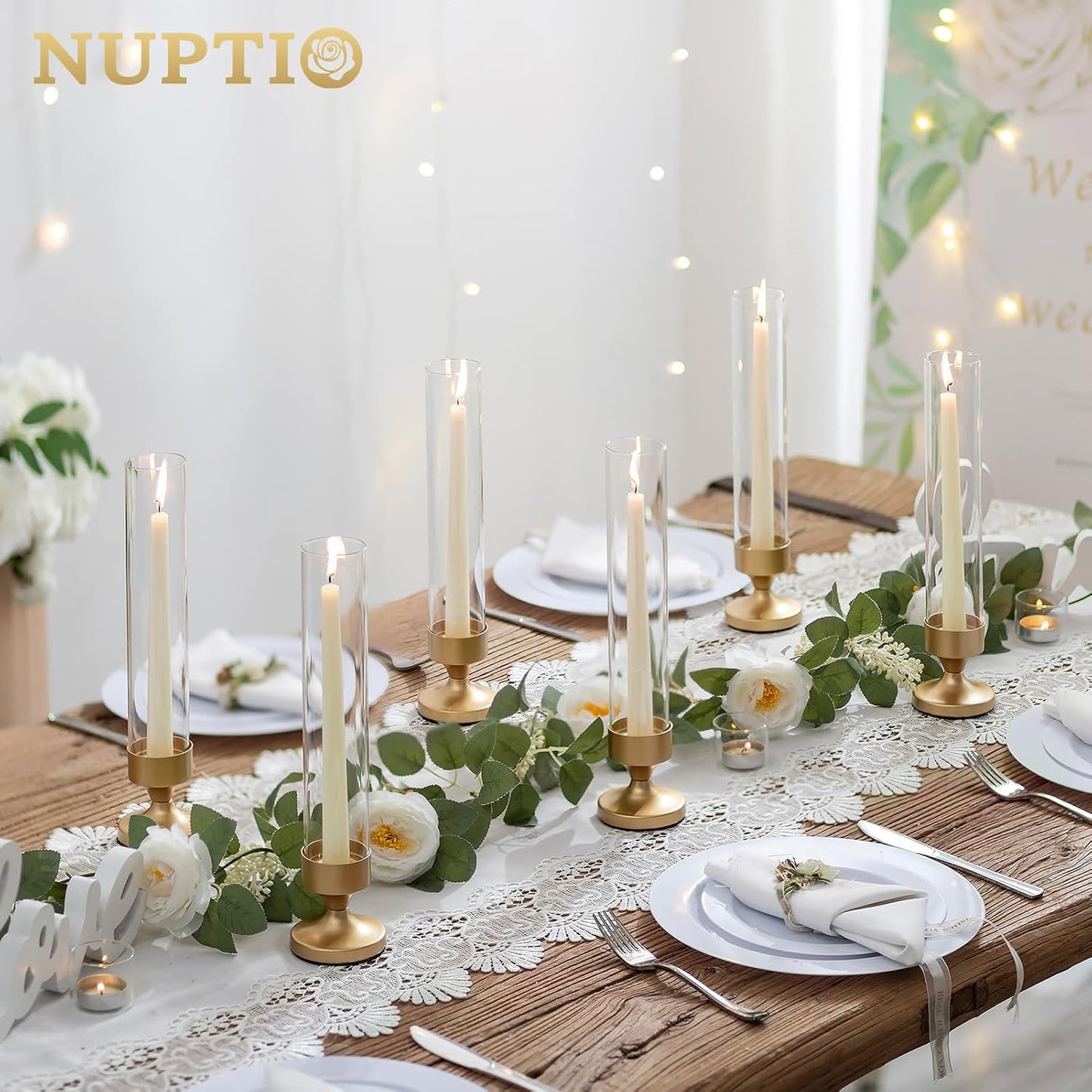 NUPTIO Hurricane Glass Candle Holder: Set of 10 Metal Taper Candle Holders | Gold Candlestick Holders Bulk with Sleeves