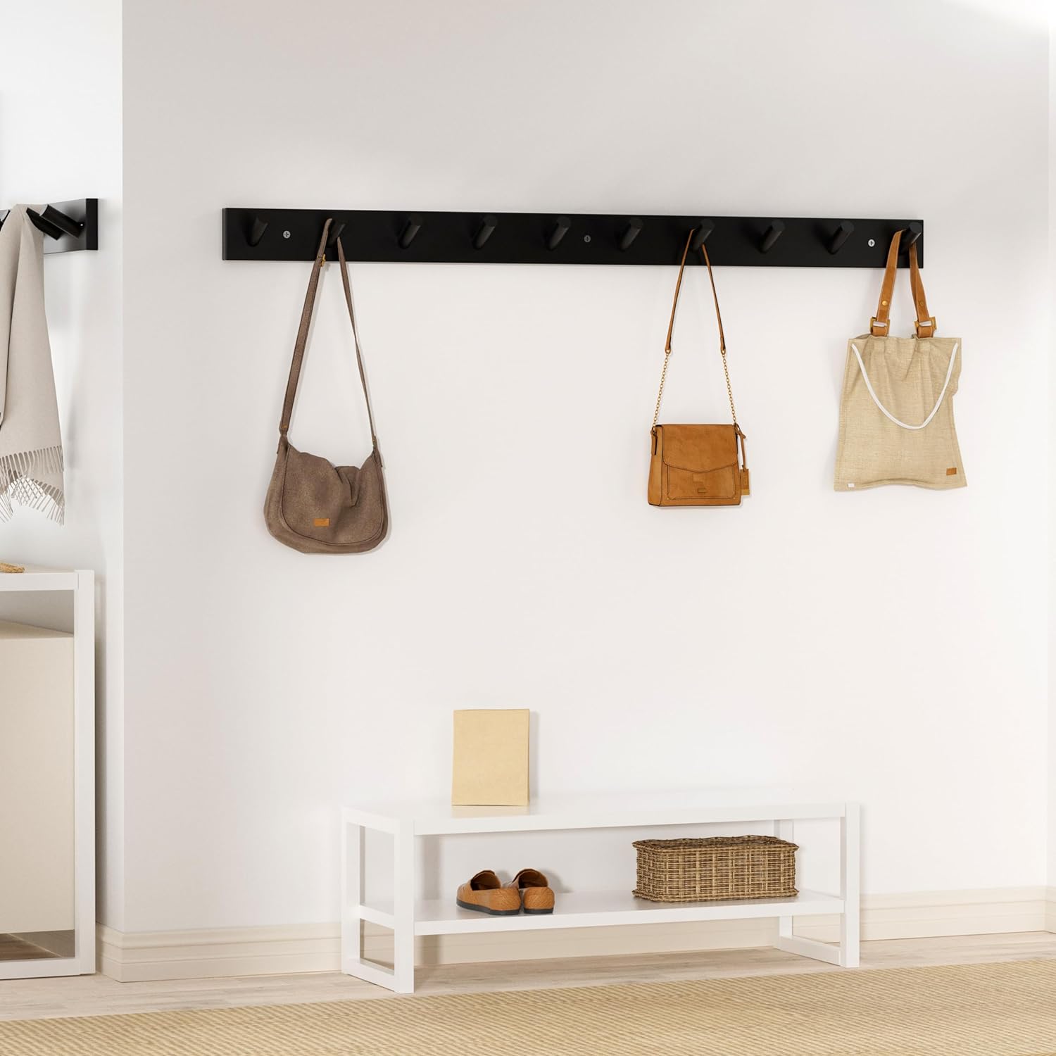 SKOLOO Wall Mounted Coat Rack 38", 10 Hooks, Bamboo, Shaker Style, Black | Wood wall hooks, painted finish, 100-lb cap