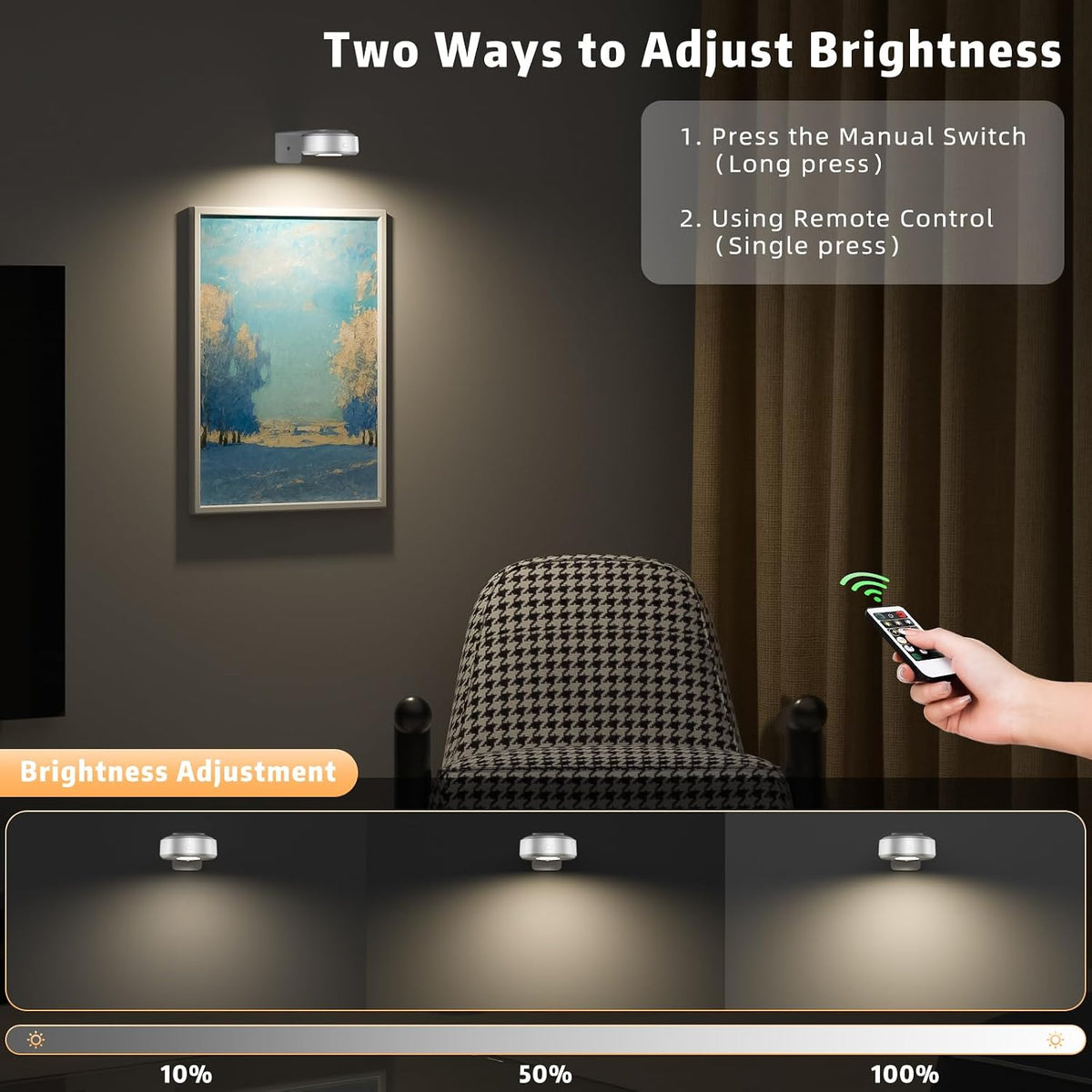 3 Pcs Picture Lights, Rechargeable Battery Operated Dimmable 3-Color Wall Light with Remote & Timer for Paintings