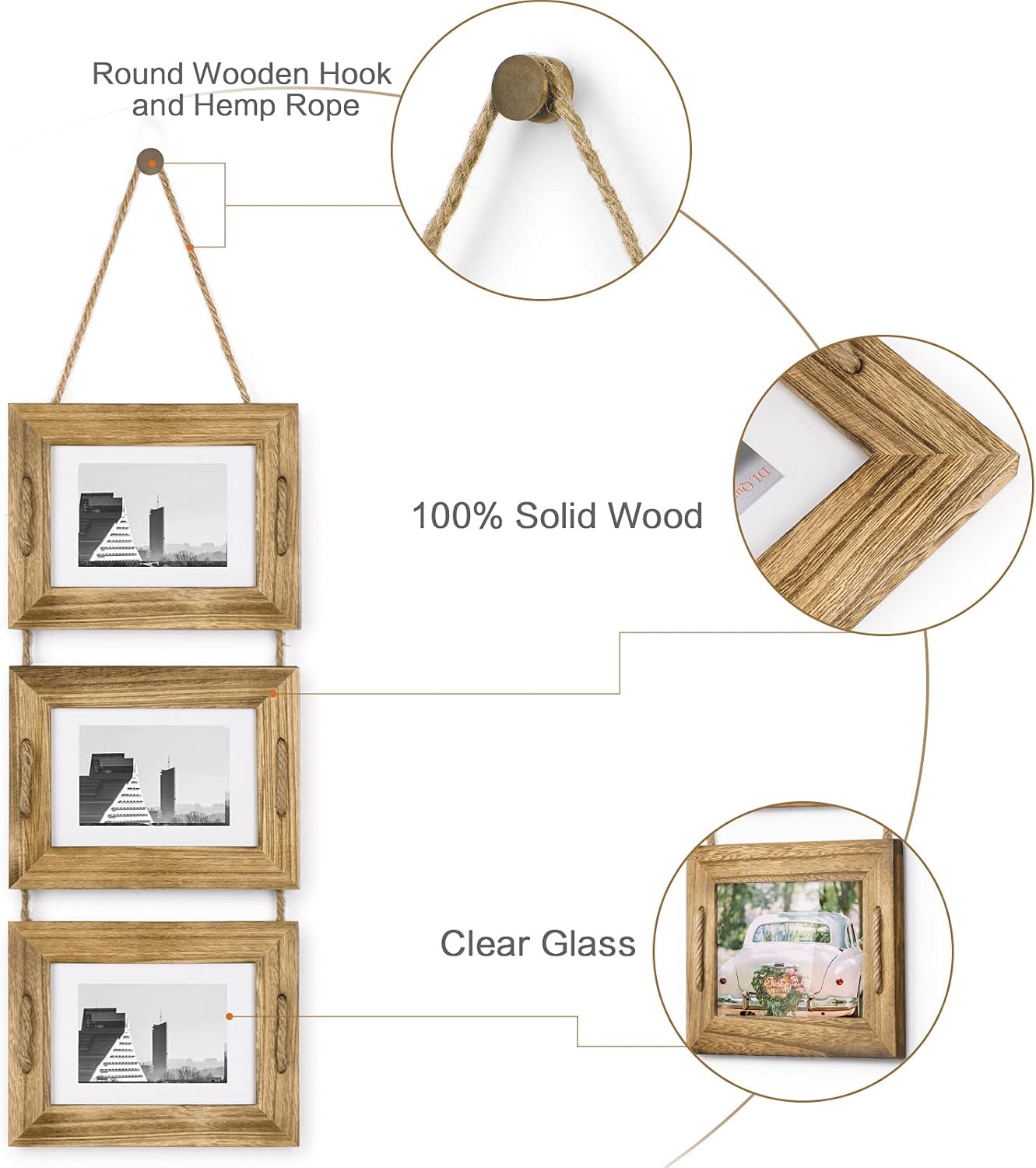 DLQuarts 5x7 Hanging Picture Frames Collage Wall Decor, 3-Frame Set, 3.5x5 with Mat or 5x7 Without Mat, Rustic Solid