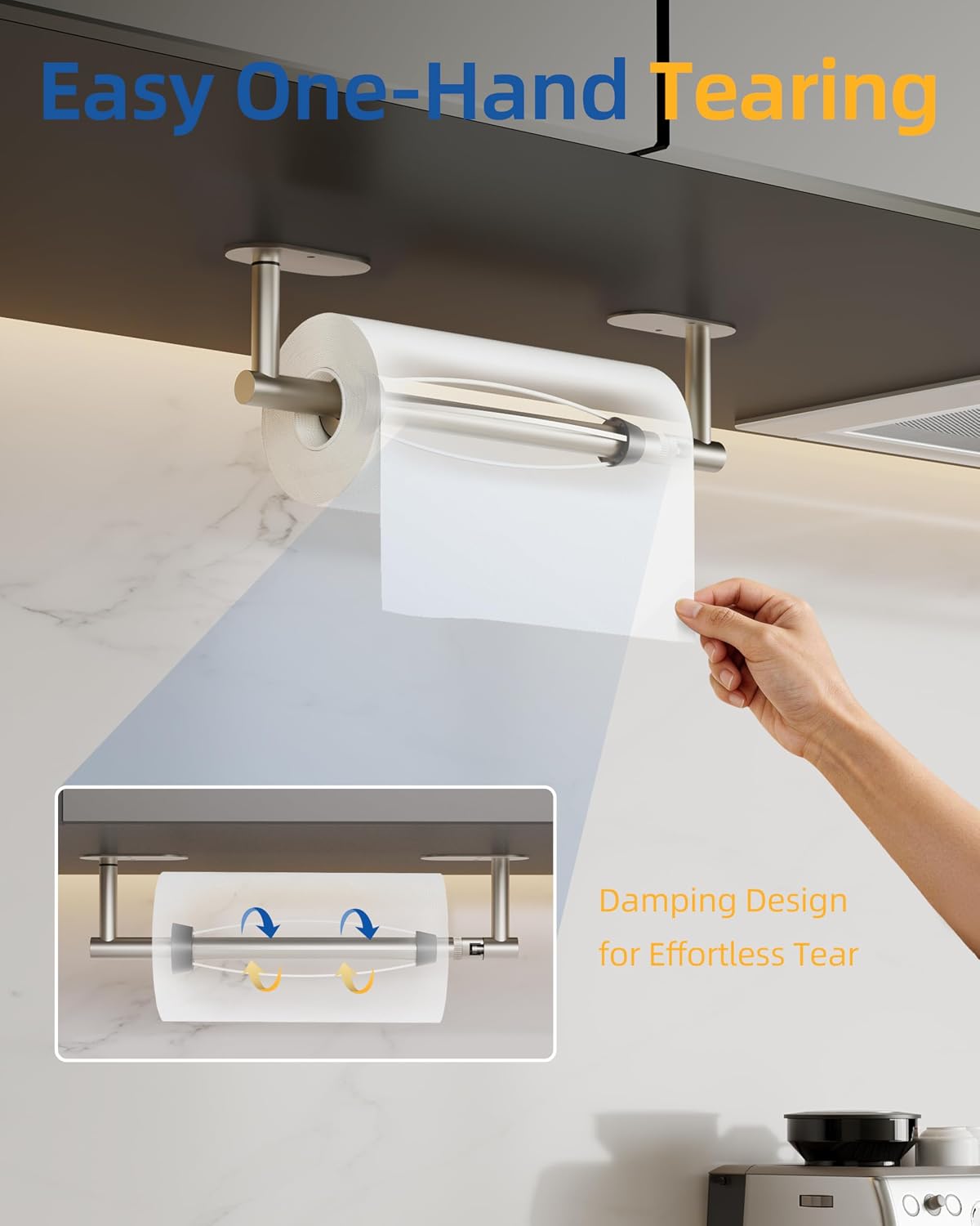 RUACQ Paper Towel Holder Under Cabinet, One Hand Tearing, Silver | Damping Effect, Drill Wall Mount & Adhesive, Round