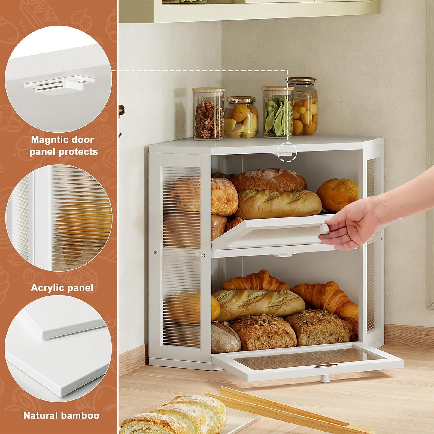 WOWLIVE Double Layer Corner Bread Box for Kitchen Countertop with 2 Doors | Bamboo Bread Storage Container, Large