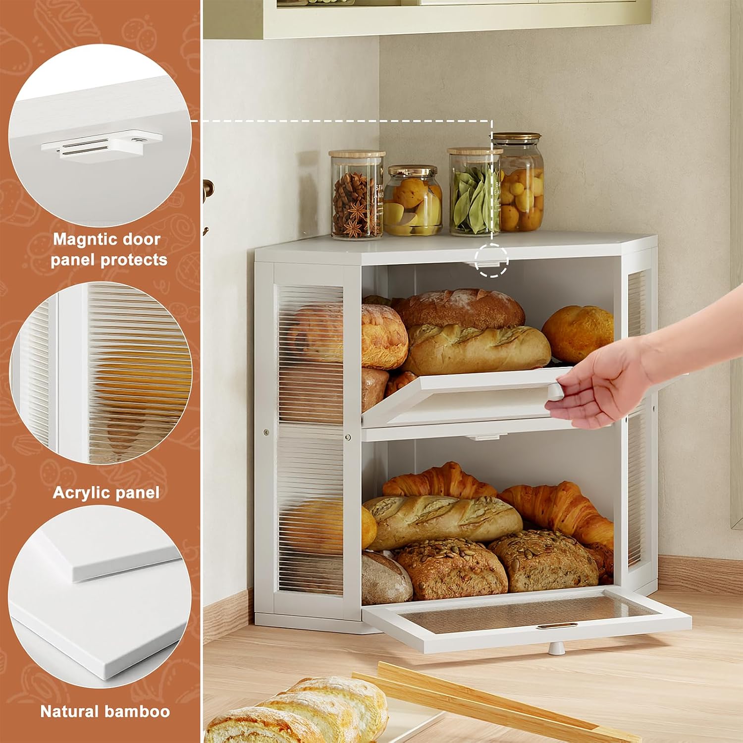 WOWLIVE Double Layer Corner Bread Box for Kitchen Countertop with 2 Doors | Bamboo Bread Storage Container, Large