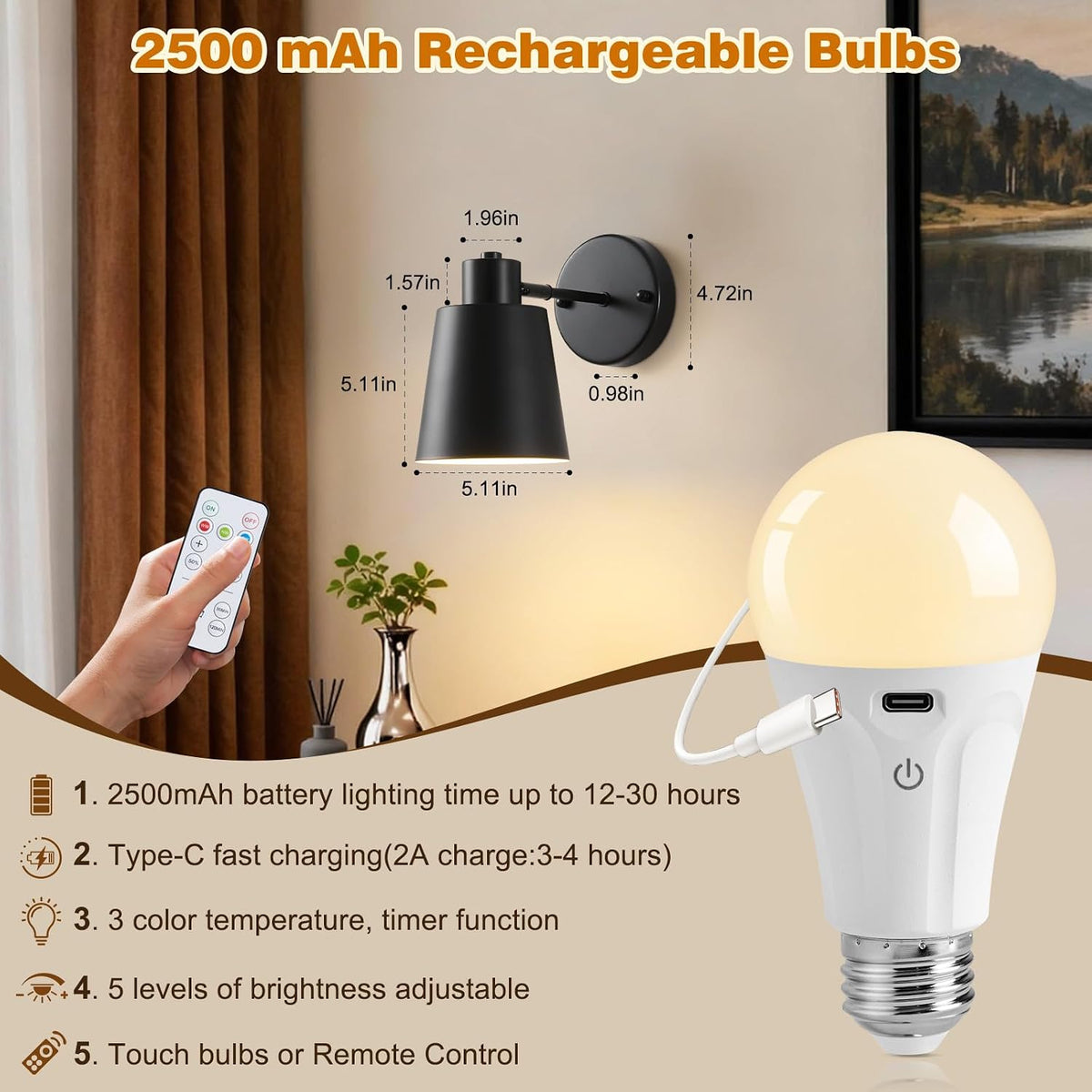 Black Battery Operated Wall Sconces Set of Two with Remote, Rechargeable Battery Powered Wall Lights, 3 Color
