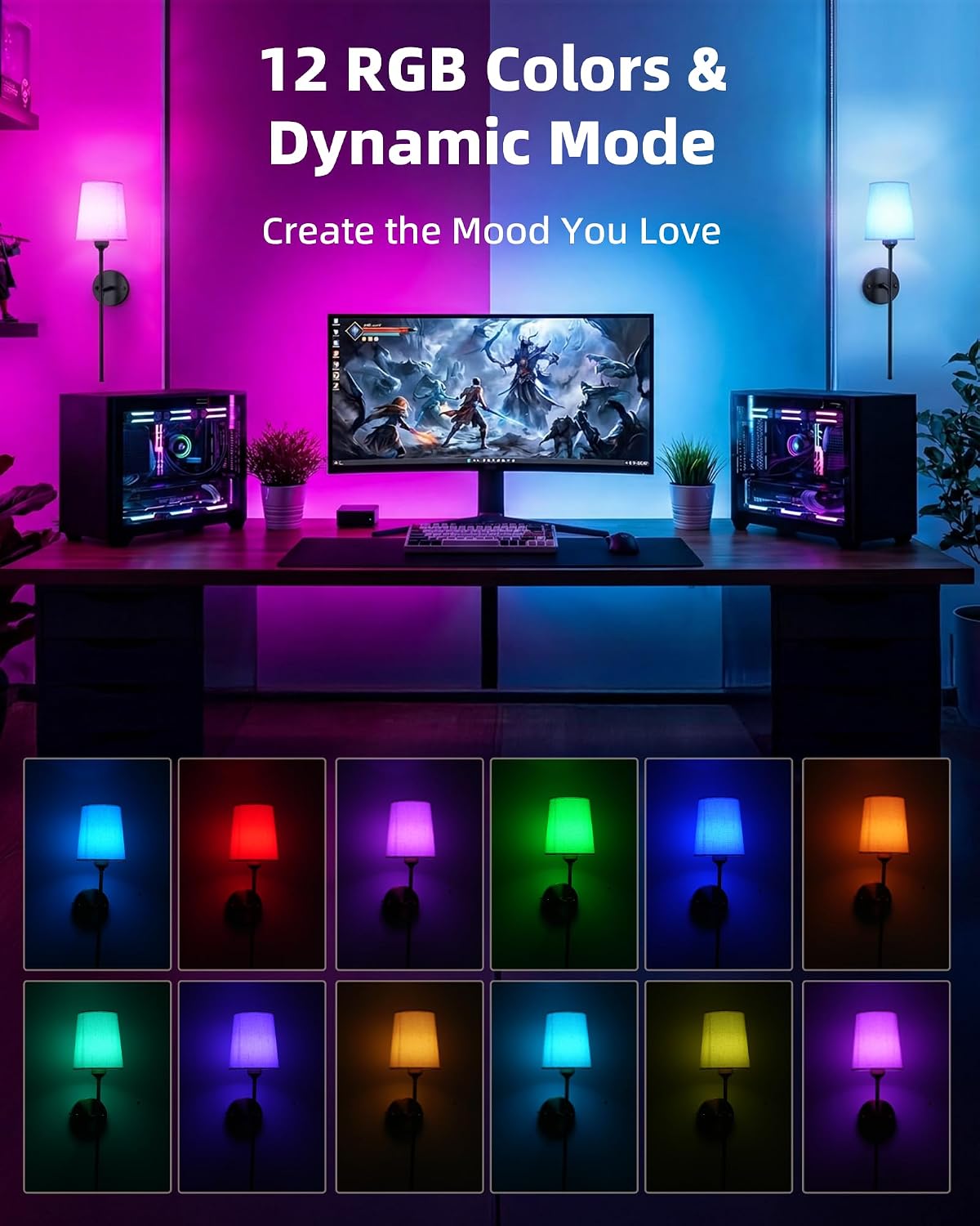 Rechargeable Wall Lights Set of 2, 7500mAh, RGB, Battery Operated Wall Sconces with Remote, Dimmable, Magnetic Bulbs