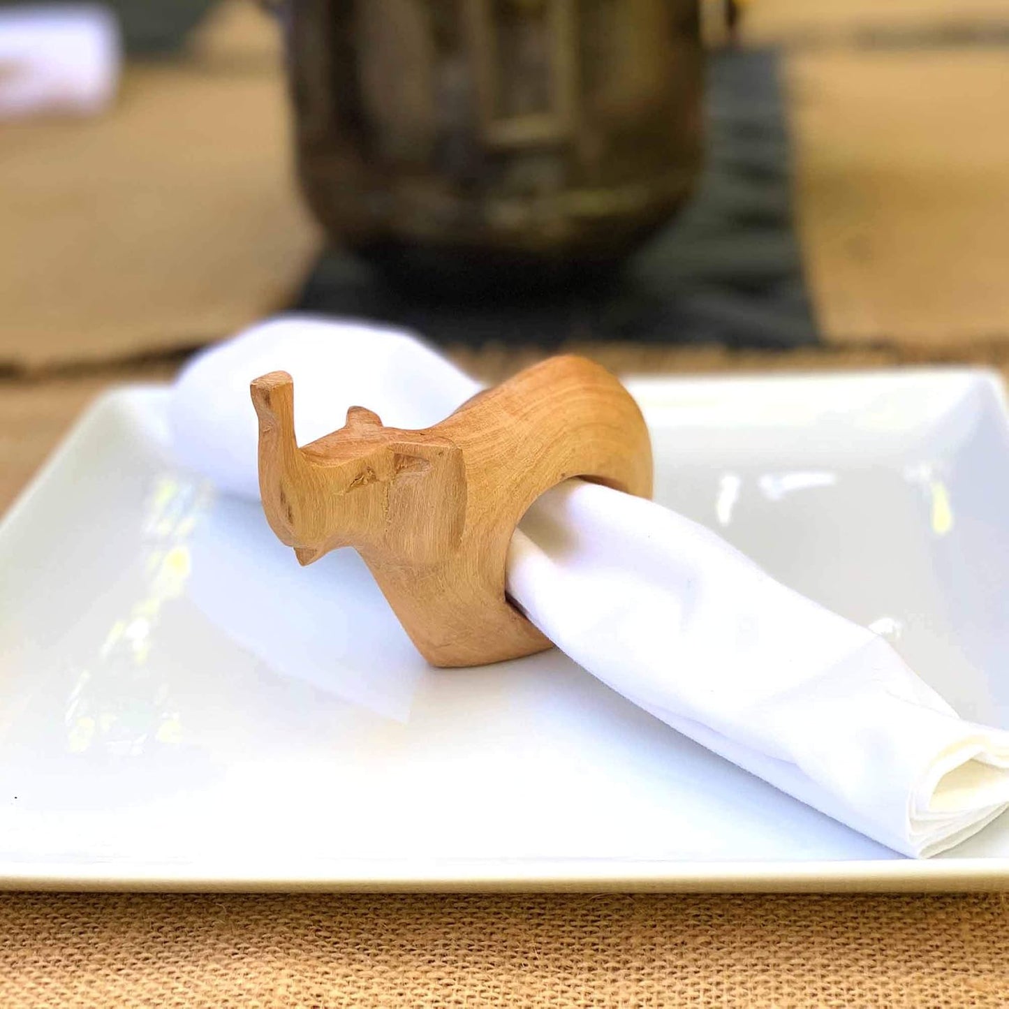 Handcarved Mahogany Wooden Napkin Ring Holders / Elephant / Set of 6