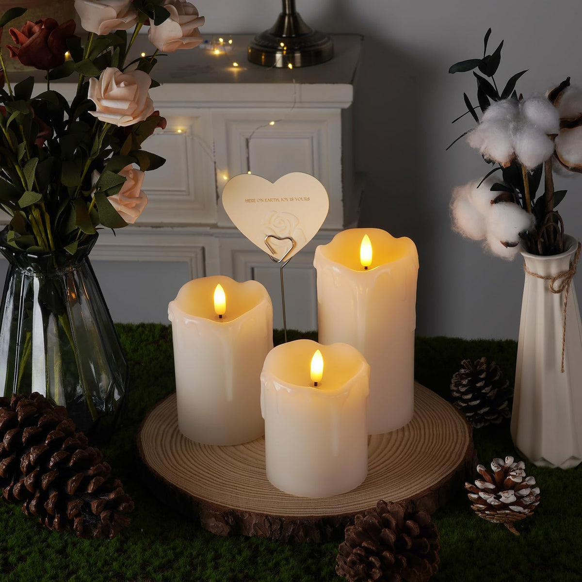Homemory Dripping Wax Flameless LED Pillar Candles, Battery Operated with Remote Control and Timer, Set of 3, 5" H x 4"