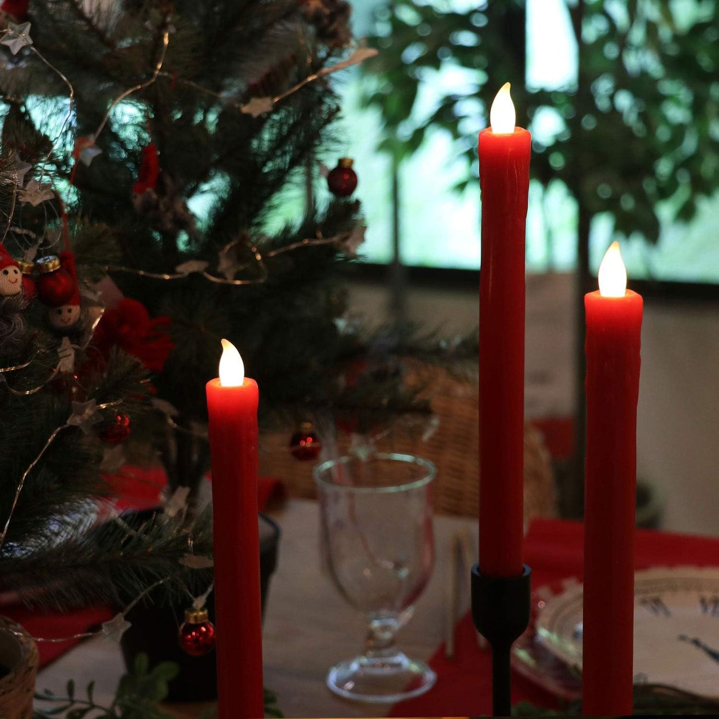Rhytsing Red 10" Flameless Taper Candles with Timer, Battery Operated Candles, Push-Activated, Wax Drip, Warm White