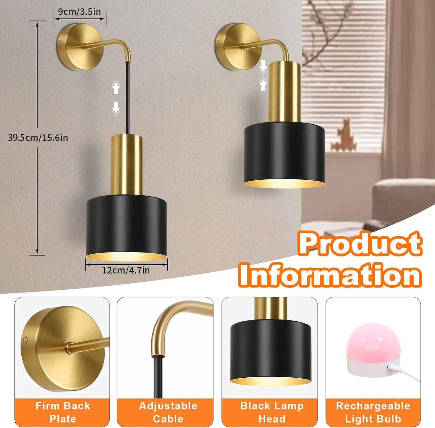 VerRon Rechargeable Wireless Battery Operated Wall Sconces Set of Two | Black & Gold Battery Powered Light with