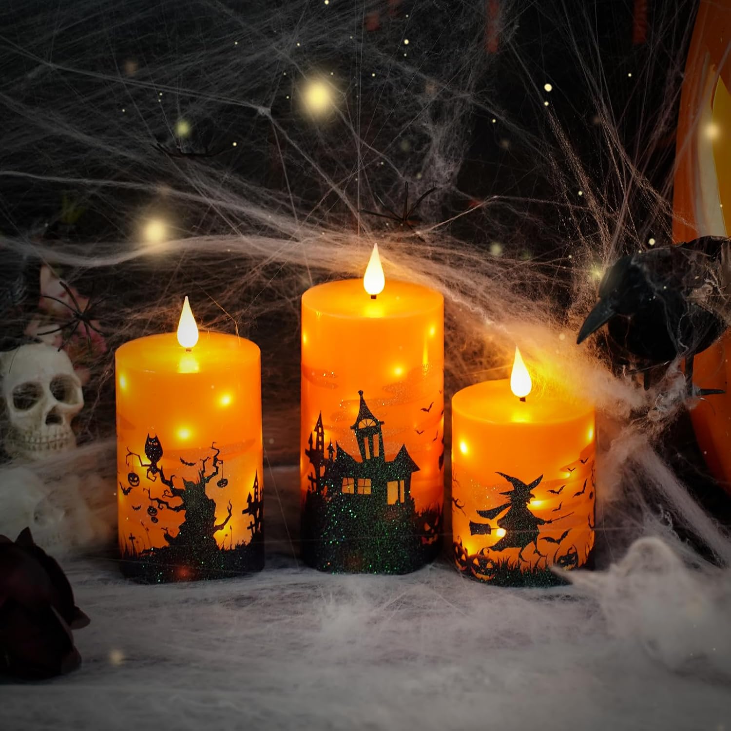 Sasigeiaa Halloween Flameless Candles with Remote - Orange LED Candles & String Lights, Battery Operated Set of 3 (D3 x
