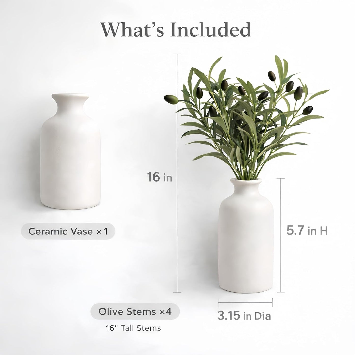 Matte Ceramic Vase 5.7 / Artificial Olive Branches and Berries with Vase / White / Set of 4