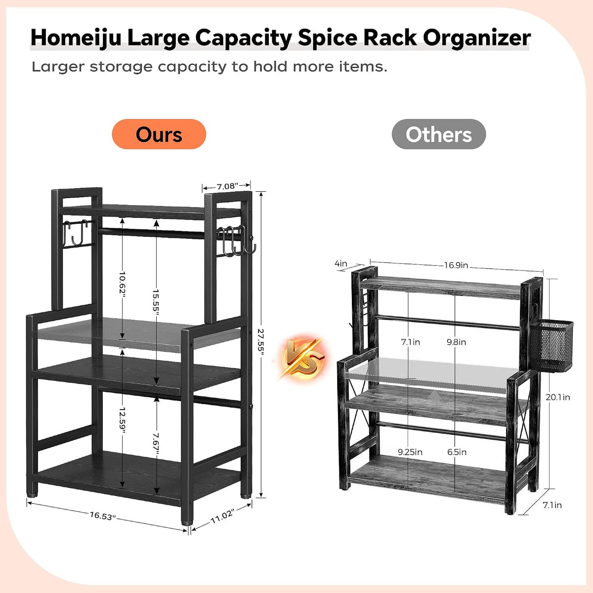 Kitchen Countertop Organizer, 3 Tier Large Spice Rack Organizer with Adjustable Shelf and 5 Hooks, Wooden Counter