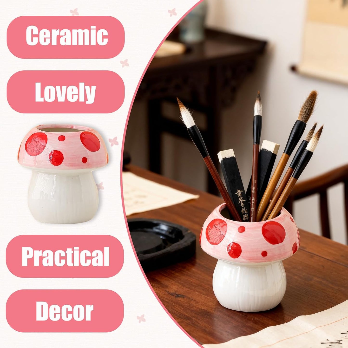 Mushroom Shaped Ceramic Pen Holder / PINK